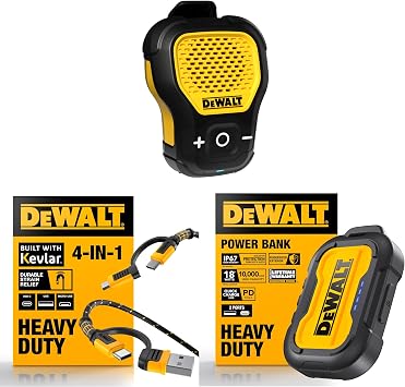 DEWALT Wearable Bluetooth Speaker, Portable Charger Power Bank, and 4-in-1 Charging Cable