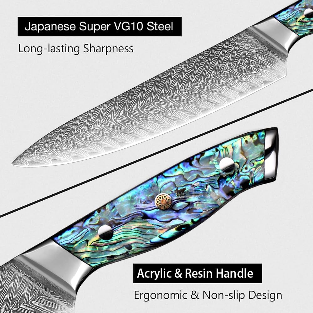 Damascus Knife Set, 6PCS Damascus Steel Kitchen Knife Set Super Sharp Full Tang Chef Knife Boning Knife Santoku Knife Shell Acrylic Handle, LAMAJIGA6695