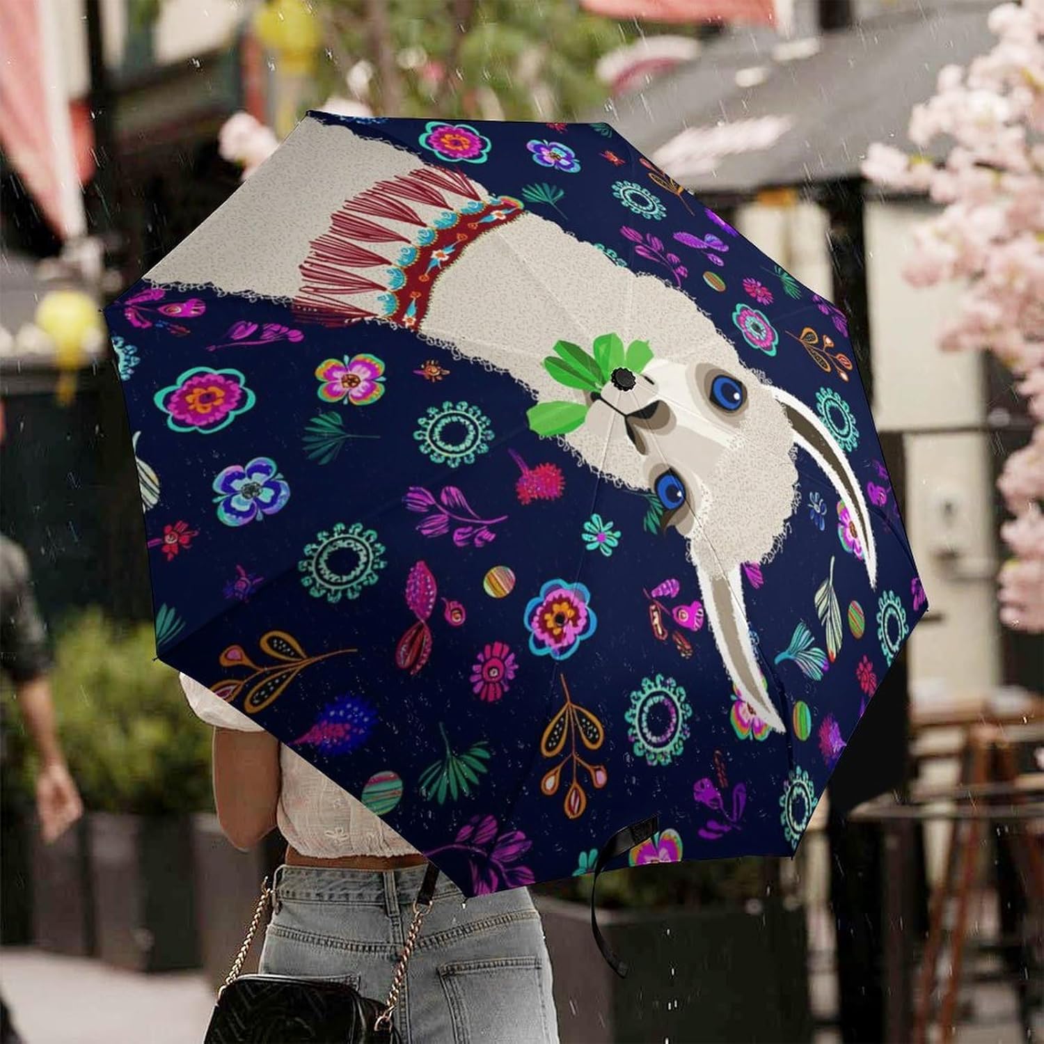 Llama Alpaca Flower Leaves Art Travel Sun & Rain Windproof Umbrella, Lightweight Portable Compact Travel Auto Folding Umbrella Golf Umbrellas for Women Men