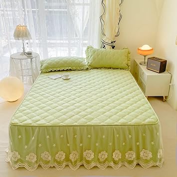Valance Fitted Sheets, Polyester Cotton Solid Color with Embroidered Lace Pattern Bed Skirt, Breathable | Green, King 200x220cm