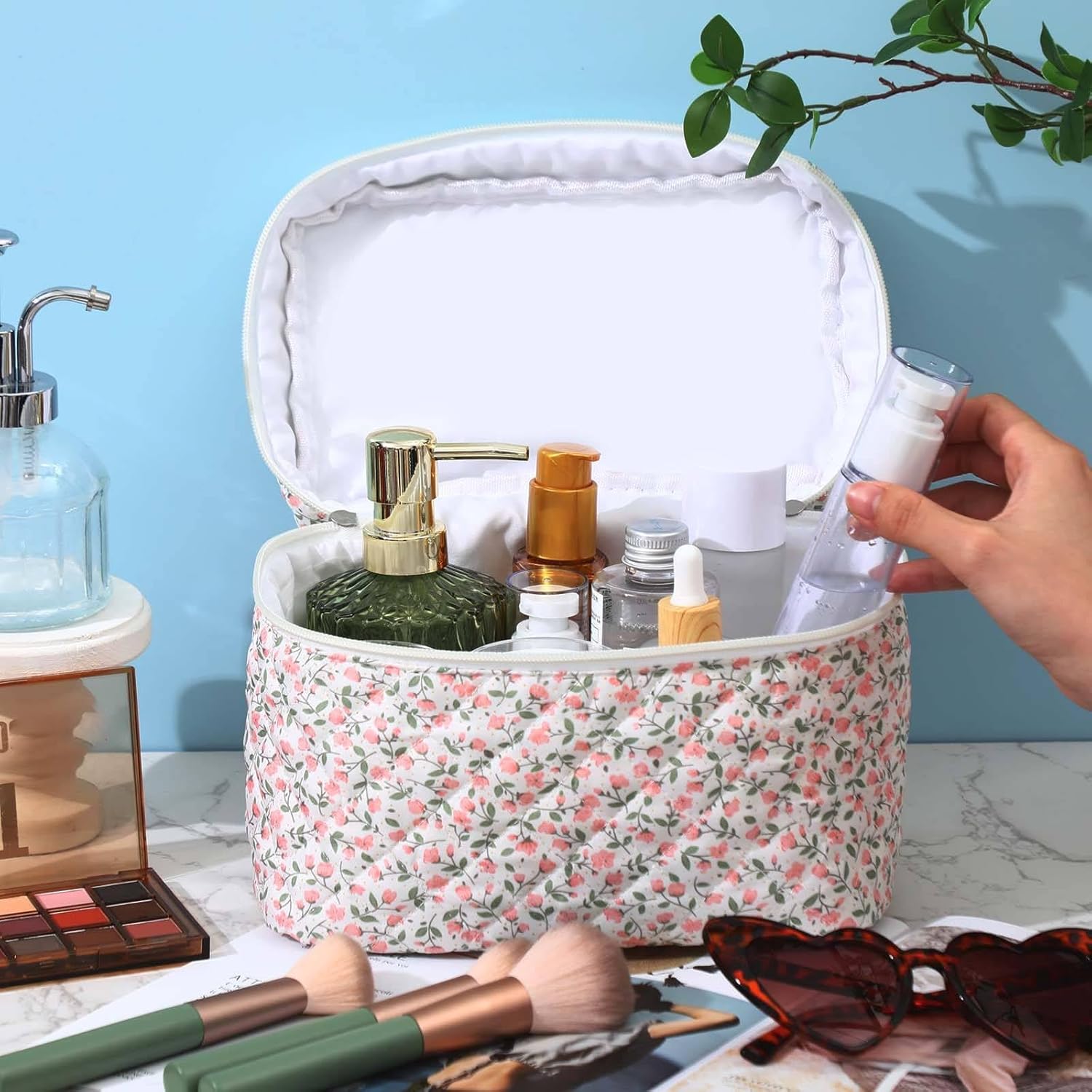 Paterr Makeup Bag Set 3 Pcs Large Quilted Cotton Make up Bags for Women Cosmetic Travel Toiletry Organizer Pouch Cute Aesthetic Storage Purse(Pink,Pink Floral) - Image 6