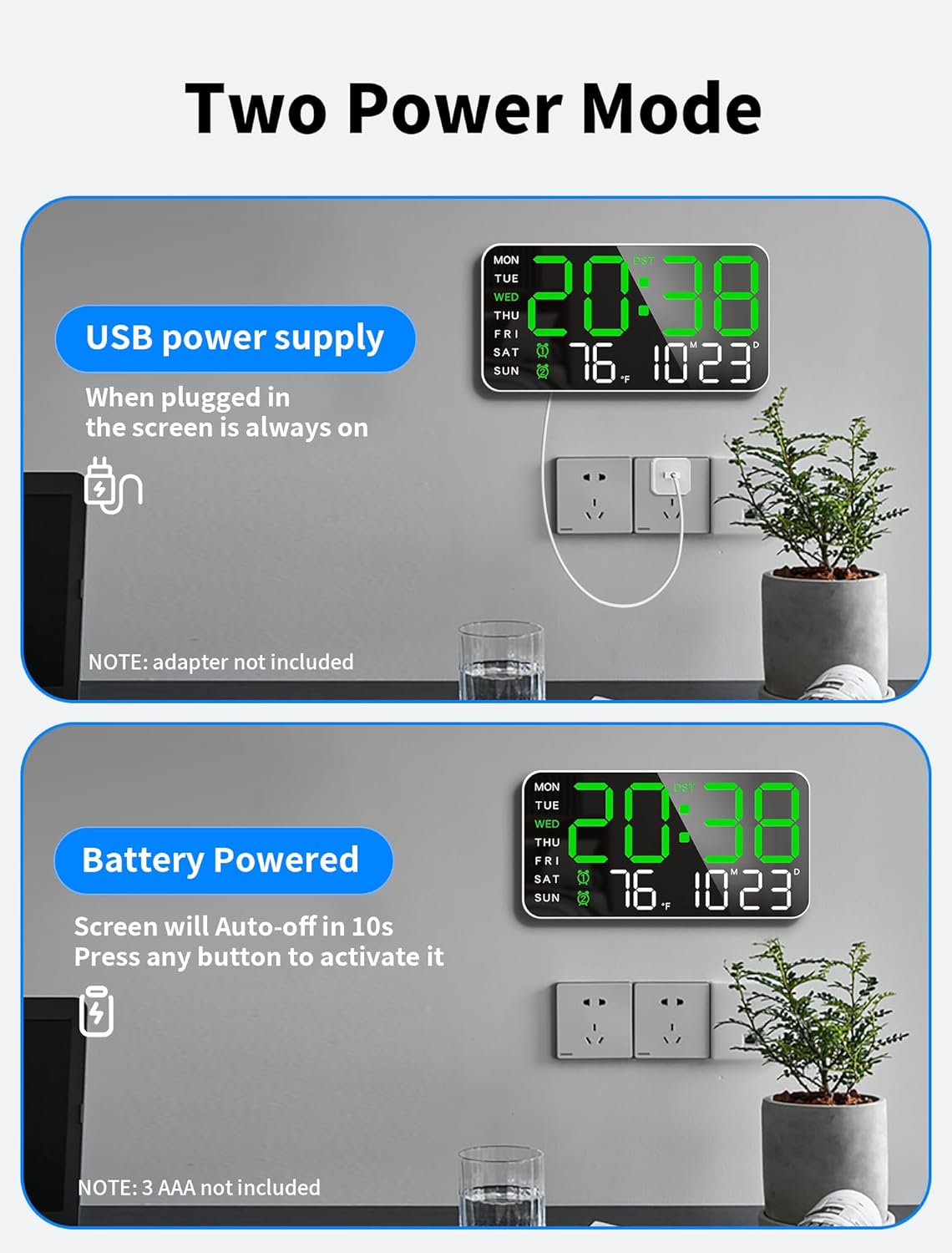 Diagram showing two power modes for the MASHI Digital Wall Clock: USB power supply (always on display when plugged in) and Battery Powered (screen auto-off in 10s, activated by noise).