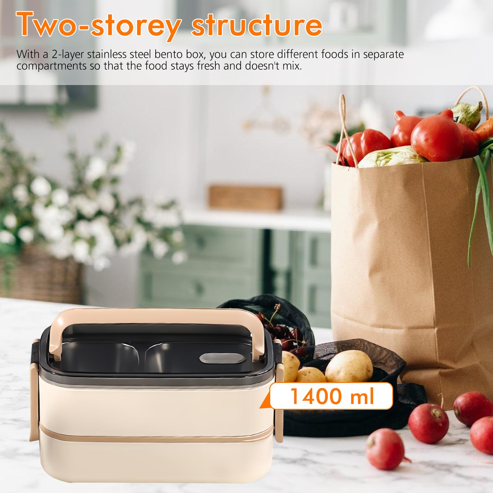 Bento Lunch Box 2 ripiani con scomparti: contenitore per il pranzo per adulti, in acciaio inox premium, senza BPA, con posate, ideale per i viaggi, adatto al microonde, per il pranzo Meal Prep