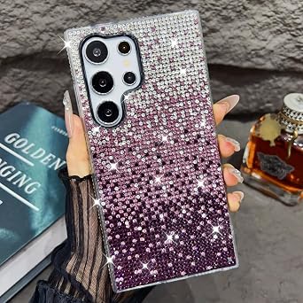 Glitter Diamond Gradient Case for Samsung Galaxy S24 S23 S22 Note 20 10 S20 Ultra Plus Bling Rhinestone Bumper for Women Girls Cute Cover Purple,S23 Ultra