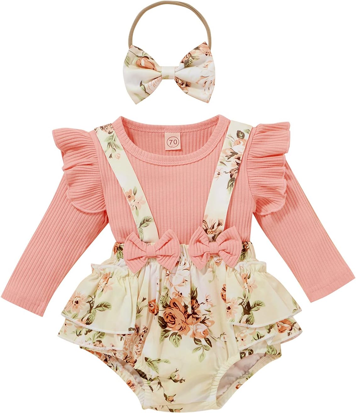 Infant Newborn Baby Girl Floral Summer Outfits Ruffle Sleeve Ribbed T-Shirt and Suspender Shorts with Headband