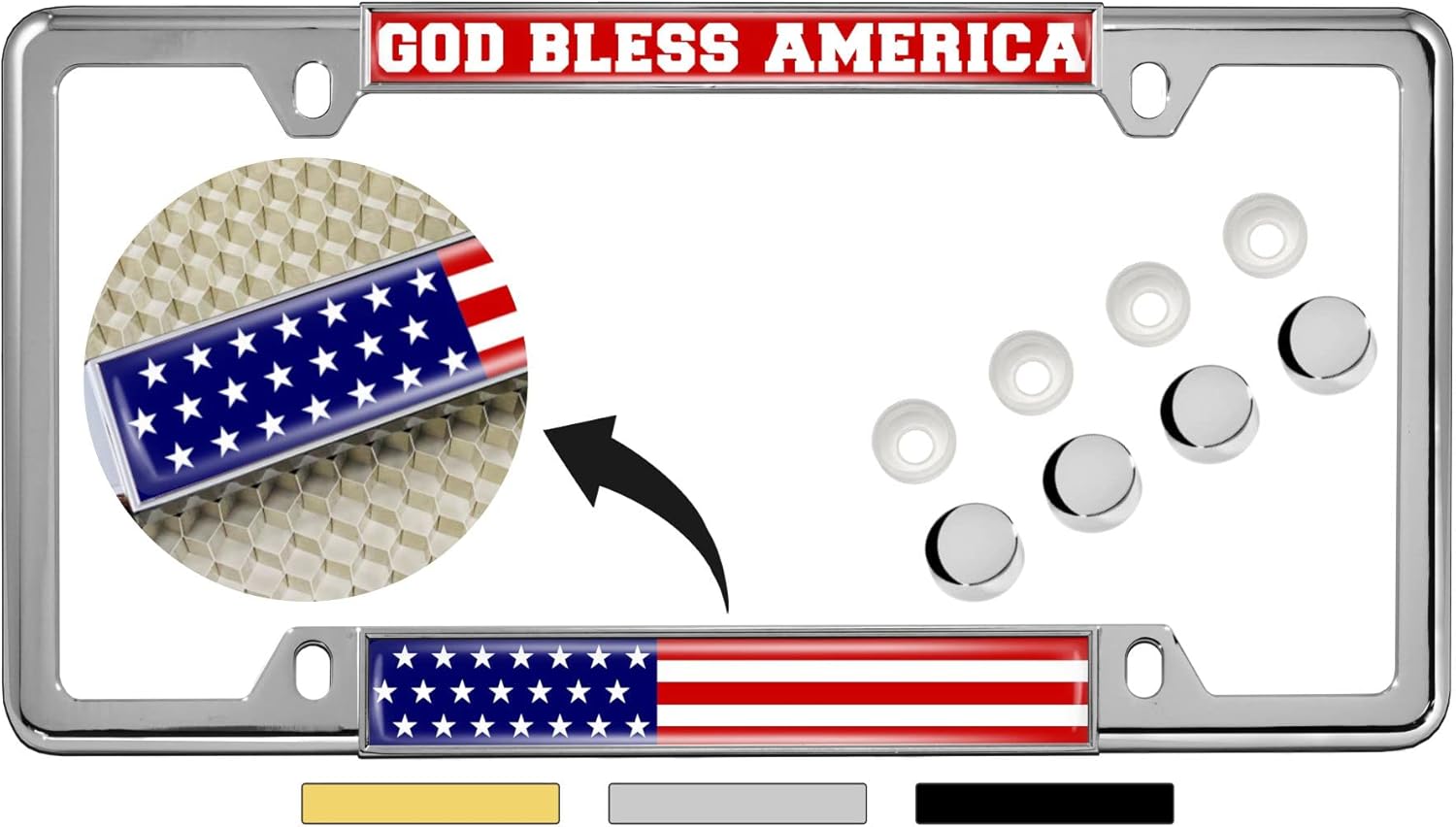 God Bless America USA Flag - Domed Custom-Made Personalized Narrow (Thin) Top 4 Hole Metal Car License Plate Frame with Free caps - Chrome (Quantity: 1 Frame)
