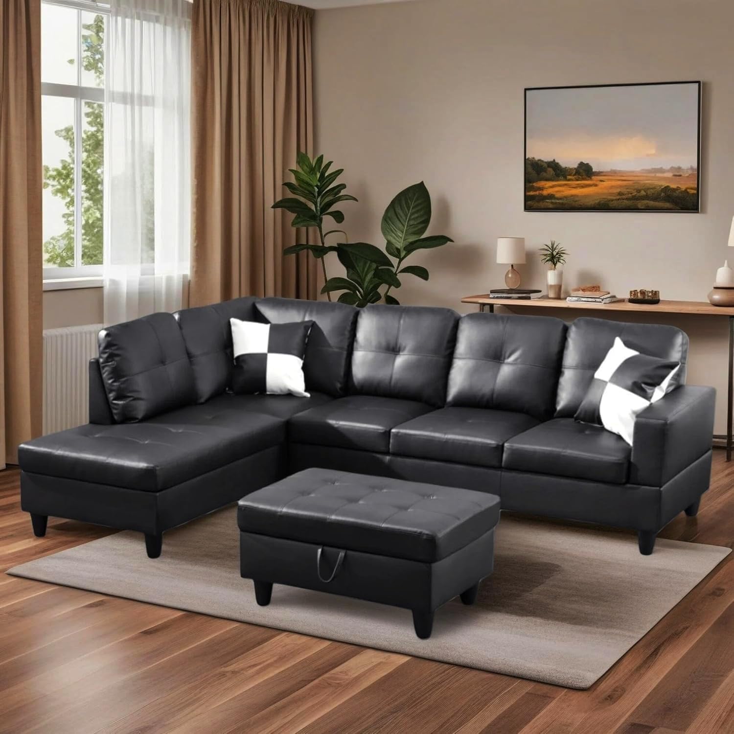 103.5" Sectional Couches for Living Room, Leather 4 Seat L Shaped Couch with Chaise, 3-Piece Modular Sofa with Storage Ottoman, Home Furniture Sets for Apartment Office, Black