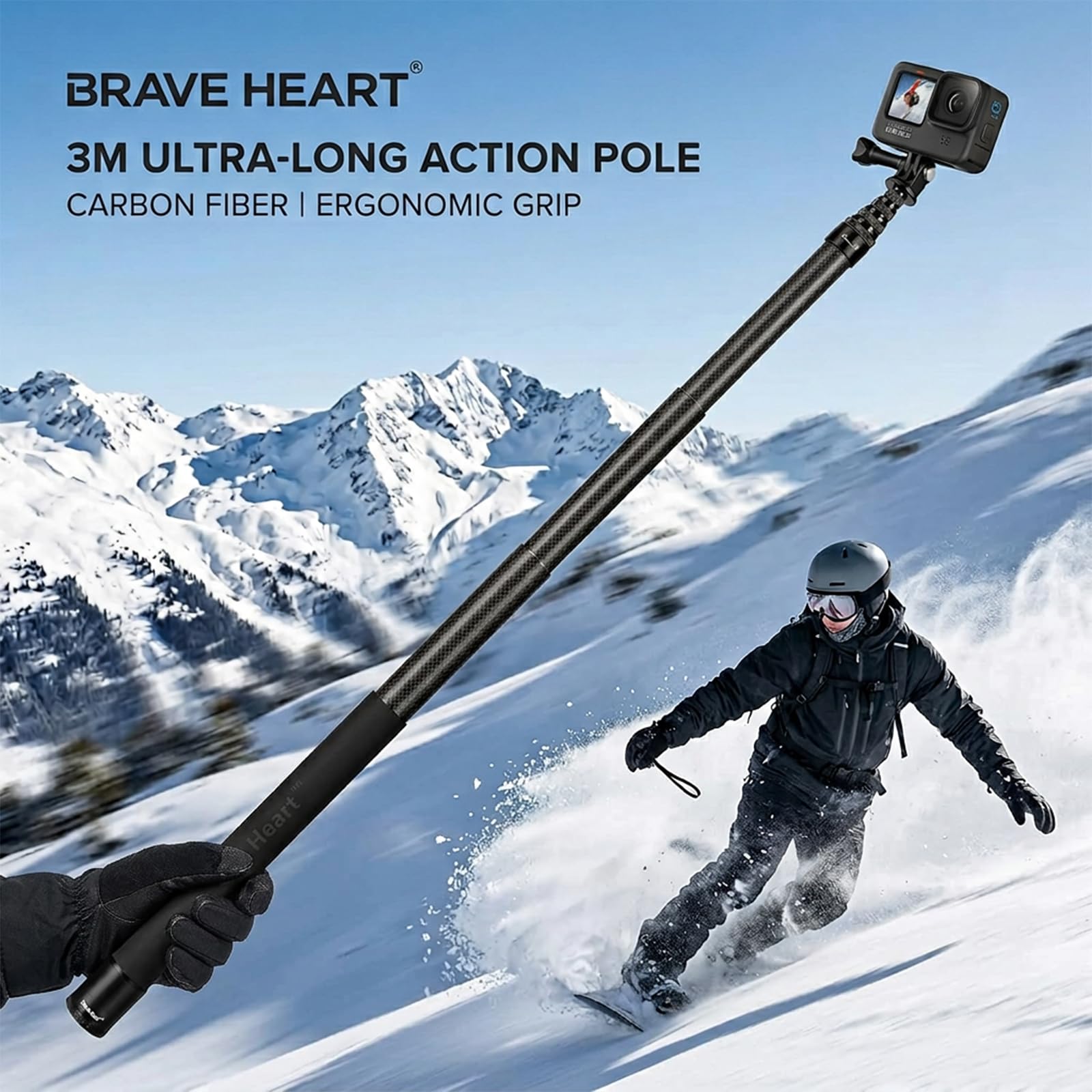 Perche à selfie invisible en fibre de carbone pour Insta360 ONE X5 X4 X3 X2/ONE RS/ONE R/ONE X Accessoires pour caméra panoramique DJI osmo 360 (Noir)