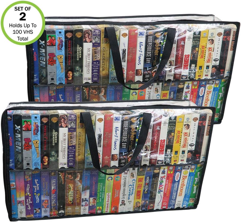 Evelots 2 Pack-VHS Movie Tape Storage Bag/Case, Clear PVC Plastic-Holds 100 Total, Strong Handles-No Dirt/Moisture/Dust