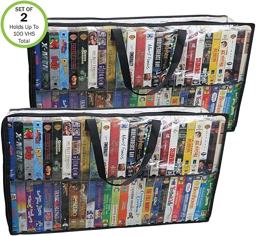 Miniatura 2 de Evelots Paquete de 2 bolsas de almacenamiento de cinta de película VHS, plástico de PVC transparente, capacidad para 100 en total, asas fuertes, sin