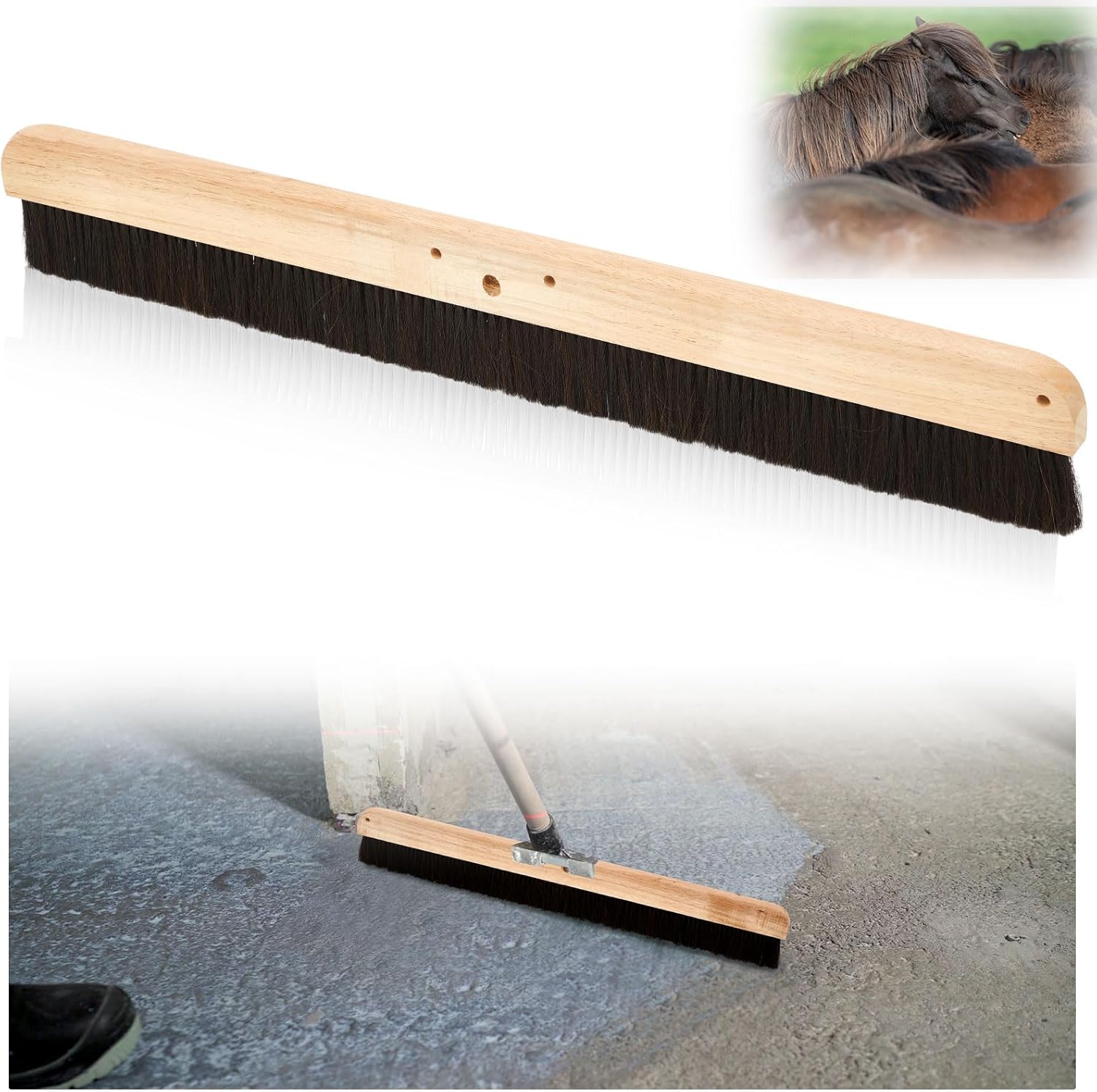 2 Pack 36 Inch Horsehair Concrete Broom Finishing Tools, Black Floor Brush with Wood Backed and Mounting Threads for Cleaning Concrete and Wooden Floors
