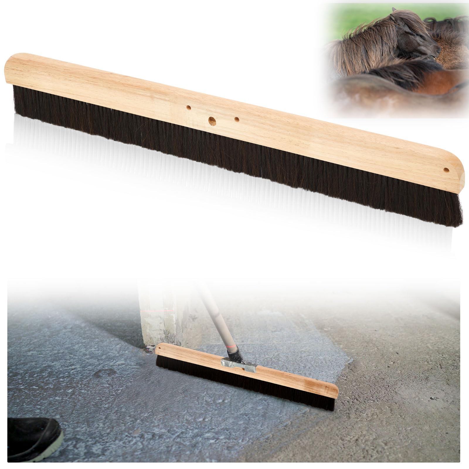 Paquete de 2 herramientas de acabado de escoba de hormigón de 36 pulgadas sin mango, cepillo negro con respaldo de madera con roscas de montaje para acabados de hormigón, suelos duros, patios