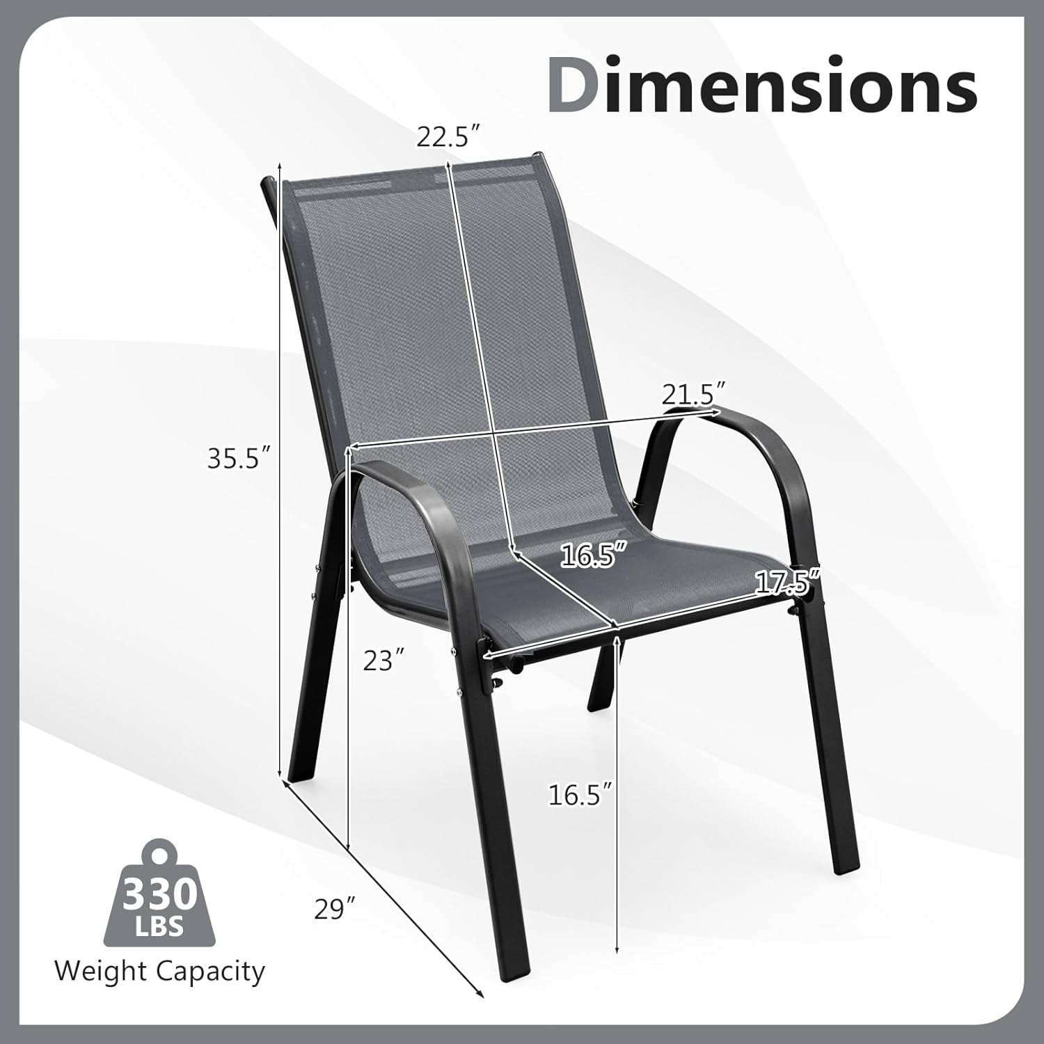 COSTWAY Patio Dining Chairs Set of 2, Stackable Outdoor Chairs with Armrest and High Back, Breathable Fabric & Metal Frame Chair for Garden Poolside Backyard Deck (Grey)