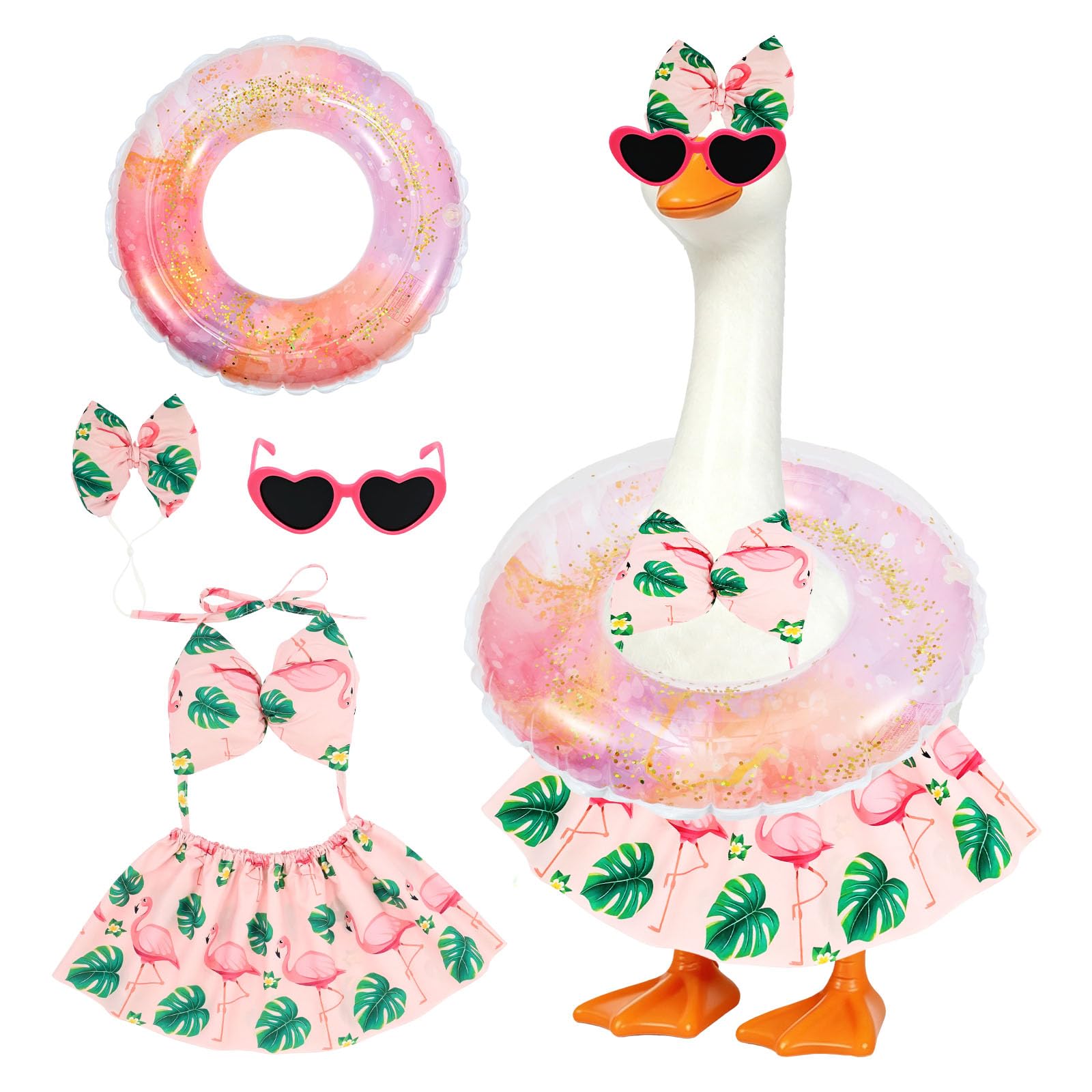 shaojian Bikini Porch Goose Outfit Fits 23" Geese Statue, Tropical Vacation Garden Goose Costume with Sunglasses and Swim Ring, Patio Lawn Ornament Summer Clothes Set(Flamingo)