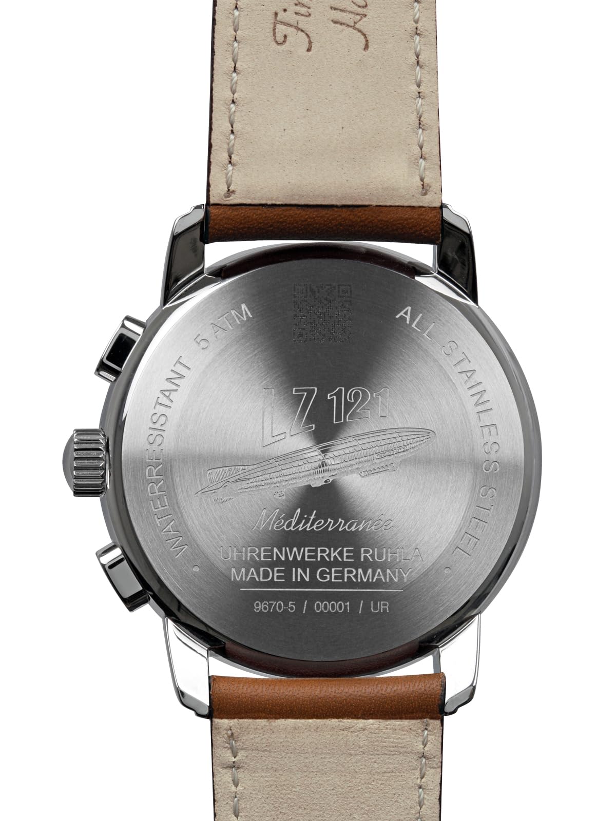 Z powrotem view zegarka Zeppelin Mediterranee 9670-5, na którym widać grawerowany dekiel z numerem modelu i informacją o wodoodporności.