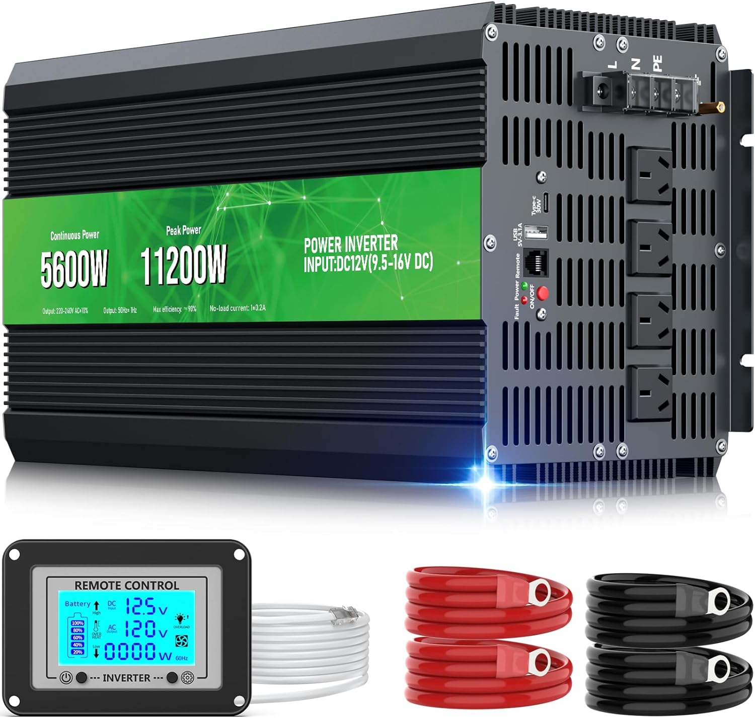 5600W Power Inverter 12V DC to 110/120V AC Converter, 11200W Peak, LCD Display, Remote Control, 4 AC Outlets, 30W Type-C Port, 3.1A USB Port for RV Truck Solar System, Emergency Power, Off-Grid Use