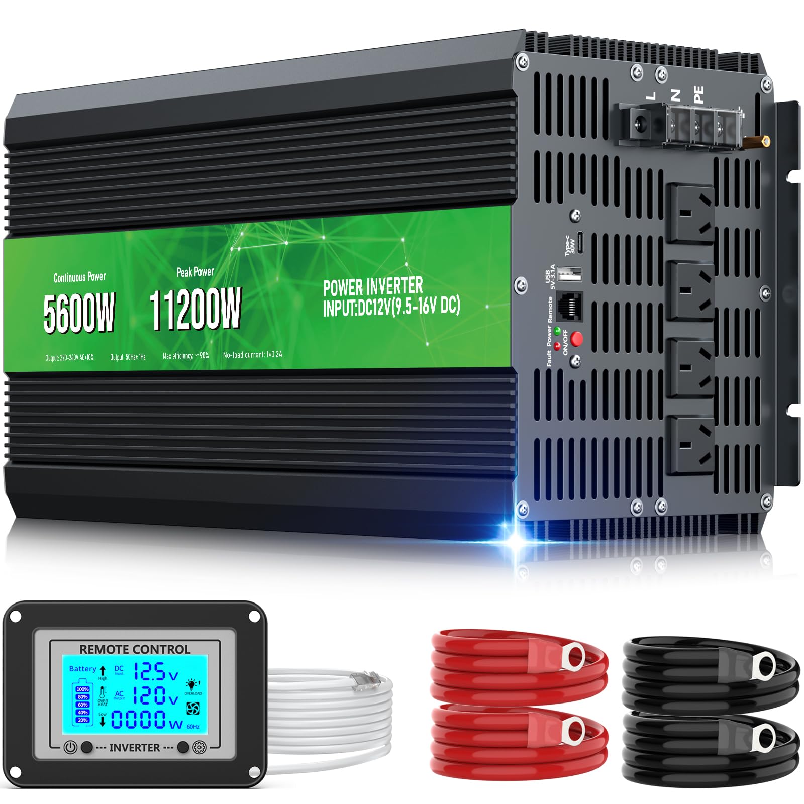 5600W Power Inverter,Peak Power 11200W 12V DC to AC 110120V,Remote Control with 4AC Outlets and3.1USB Port,LCDDisplay for Outdoor Activities,Emergency