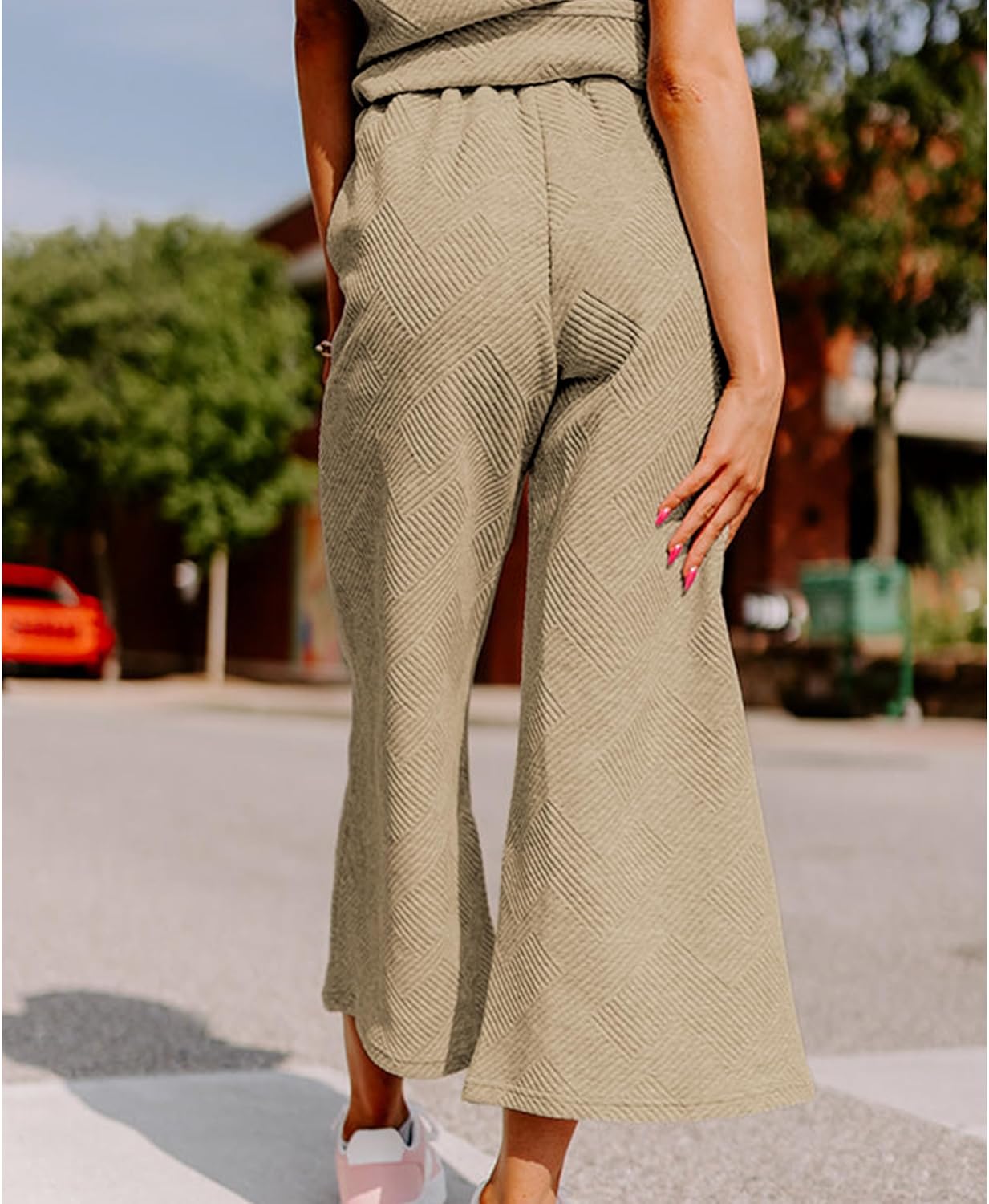 Women's 2 Piece Outfits Textured Sweatsuit 3/4 Batwing Sleeve Crew Neck Pullover Top Wide Leg Pant Tracksuit Set - Image 3