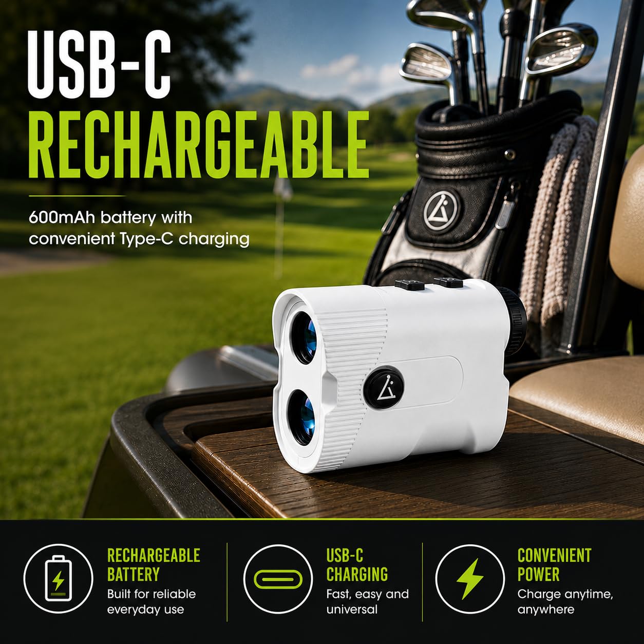 Lunai Télémètre de golf avec pente | Télémètre laser de classe 1 | Batterie rechargeable 600 mAh avec Type-C | Localisateur de mètres léger pour la pratique du golf et les tournois