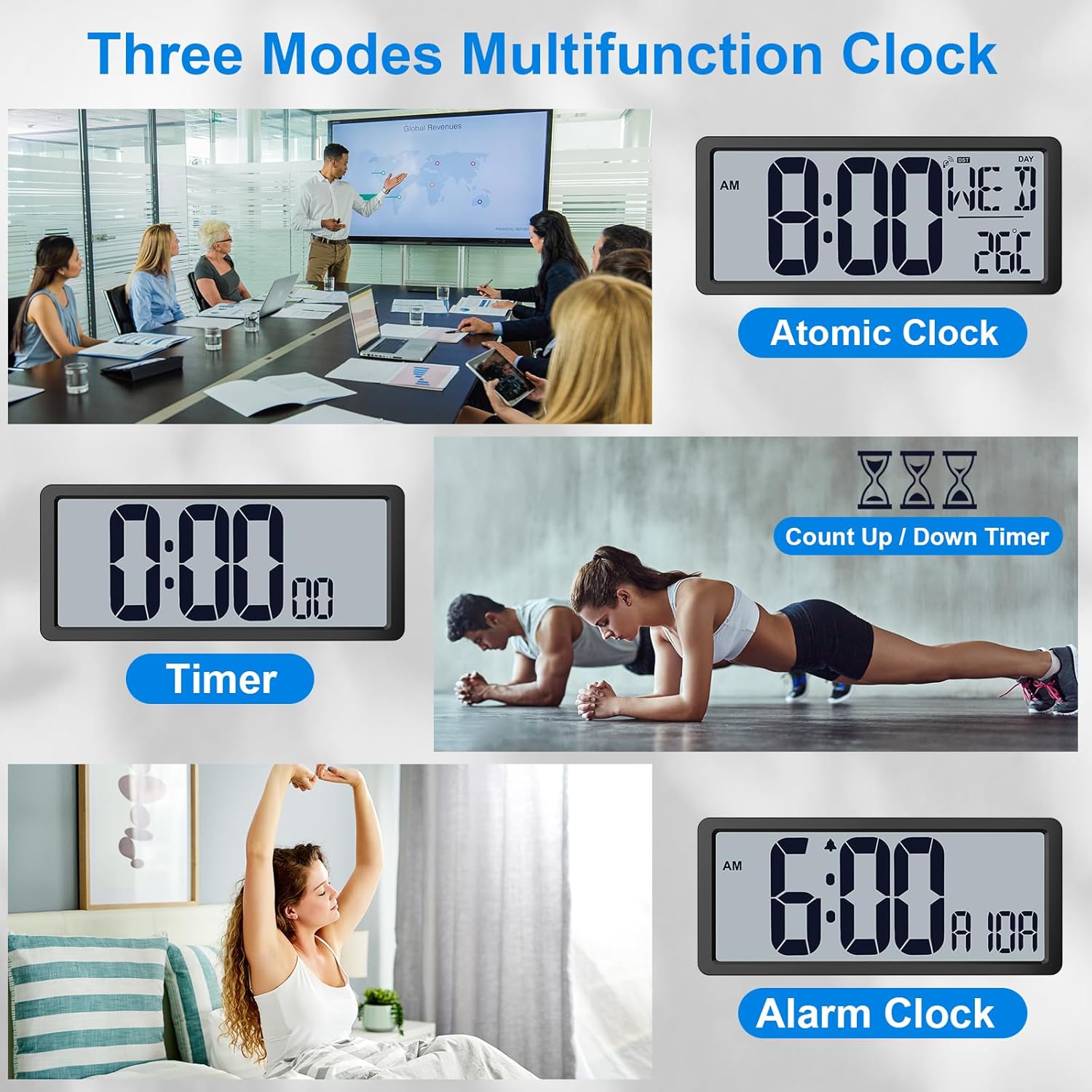 Backlight Digital Wall Clock Battery Operated with Bluetooth Time Sync/No Setup Required, 15'' Large Digital Wall Clock with Day, Date & Temperature, Large Digital Clock for Bedroom, Office