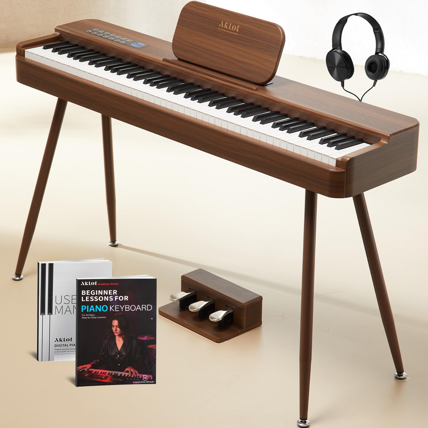 AKLOT Touchscreen Weighted Keyboard Piano: 88-Key Graded Hammer Action Digital Piano, Handcrafted Round-Edged Design, Triple Pedal, Stand, USB-MIDI, Headphone, Beginner Lesson Book (AUR-LS01 Walnut)