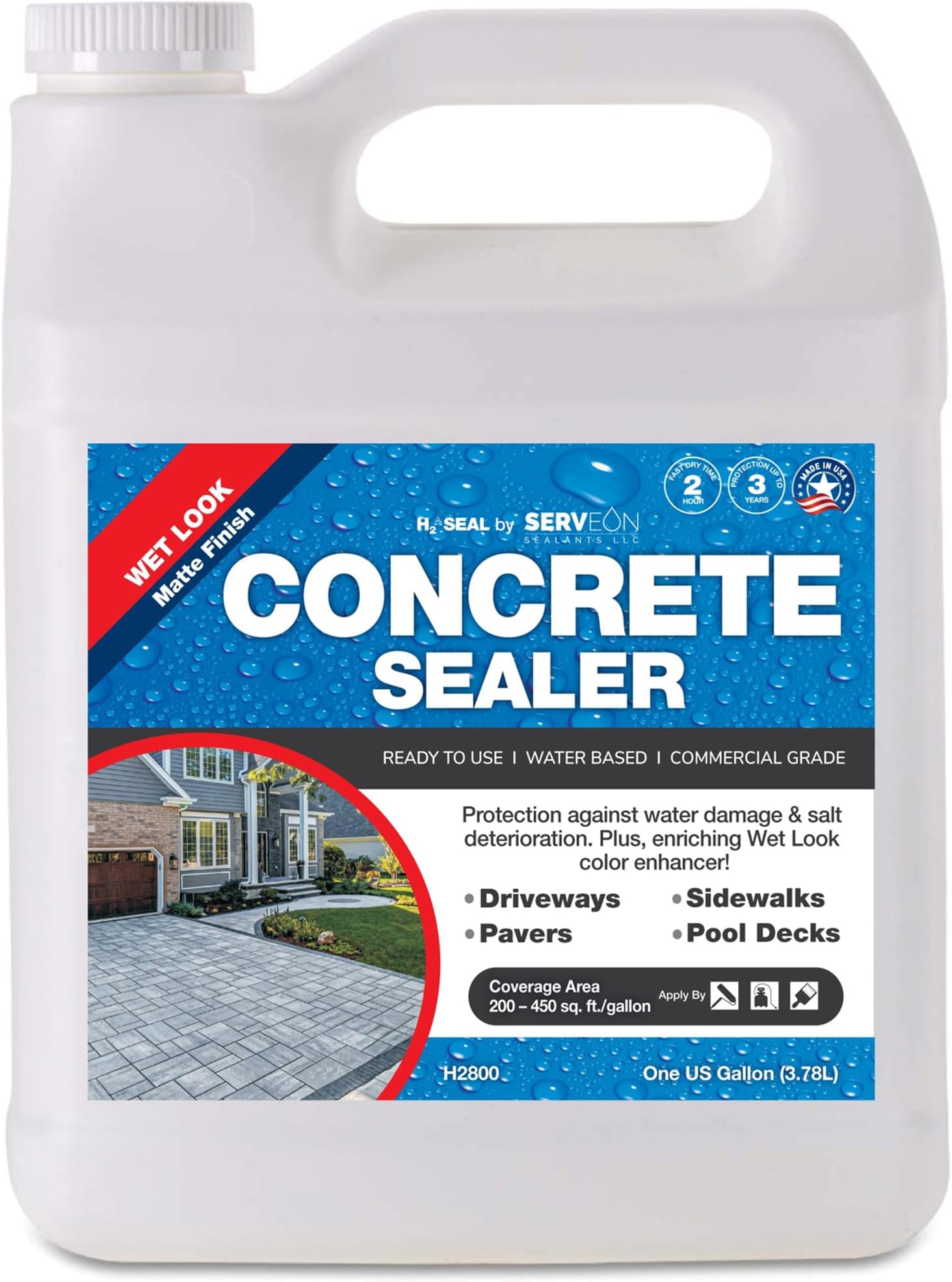 Concrete Driveway Sealer (Wet Look Matte Finish) Commercial Grade Outdoor Indoor Waterproof Sealant Protects Pavers Sidewalks Pools (1 Gallon) H2800