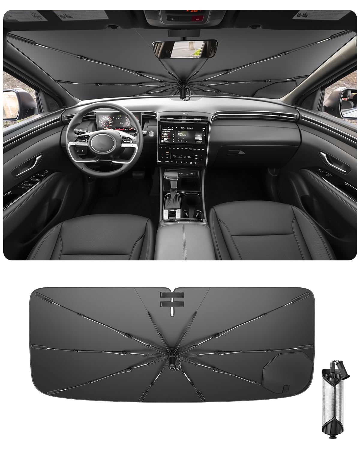 Ruiya 2026 Upgrade Parasol Coche Delantero Compatible con Hyundai Tucson 2016-2026, Paraguas Plegable Aislamiento Térmico, Protección UV, Accesorios para Parabrisas