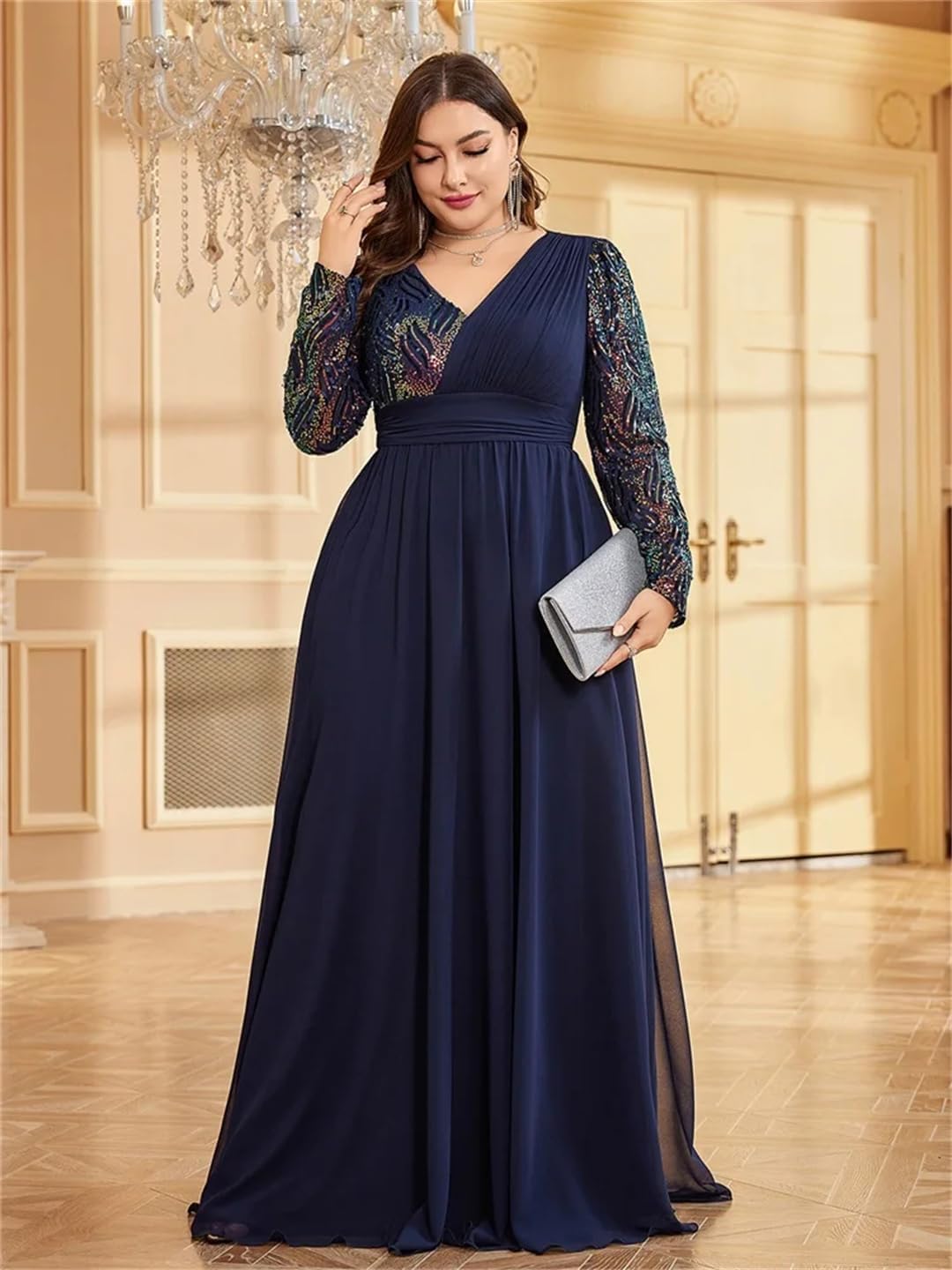 Plus Size Chiffon Long Sleeve Evening Dresses Women Sequin Blue Wedding Party Cocktail Prom Floor Length Gowns