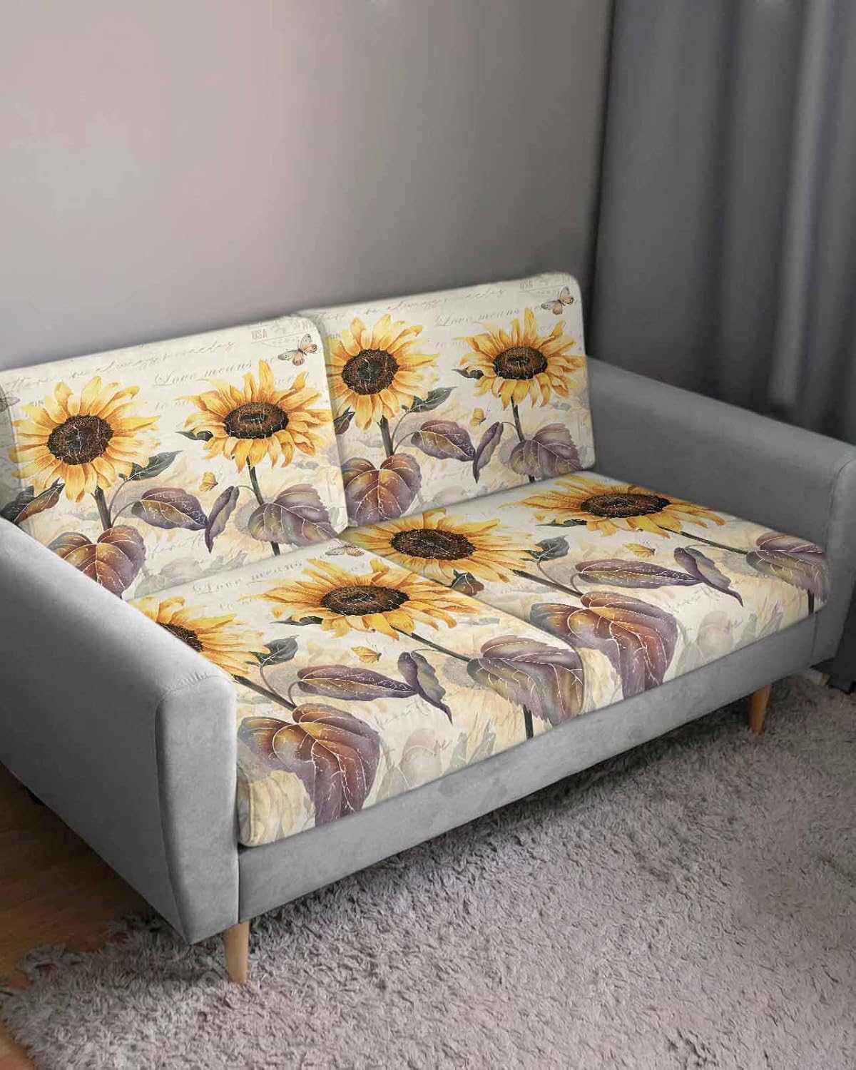 Sofa Covers Couch Cushion Covers, Retro Sunflower Floral Butterfly Country Style Stretch Elastic Sofa Slipcovers Furniture Protector Couch Cover for Dogs Pet, Medium, 1PCS