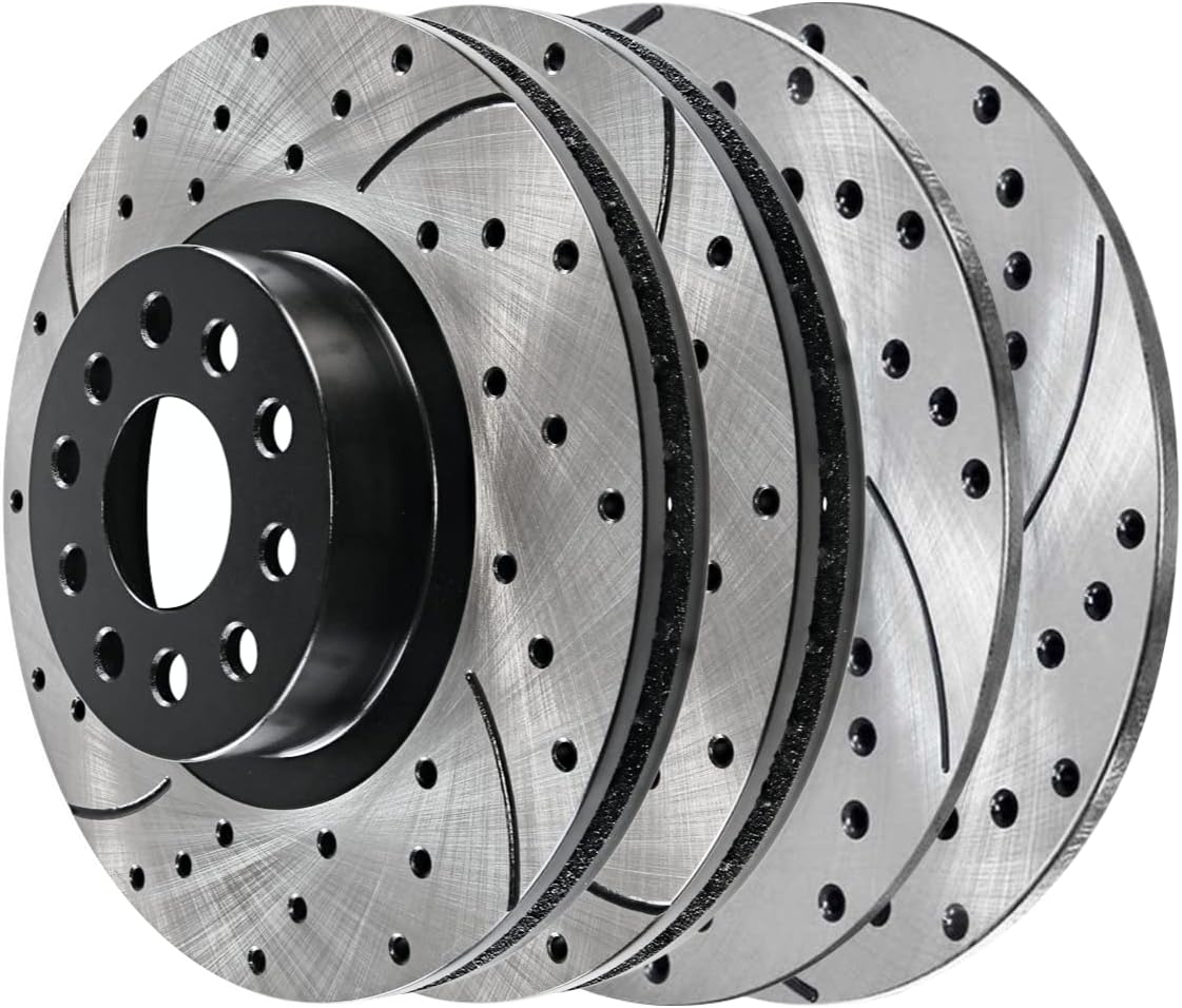 AutoShack Front and Rear Drilled Slotted Brake Rotors Black