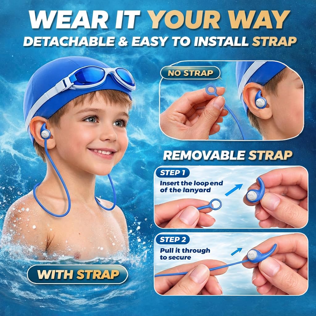 Bouchons d’Oreille Natation Enfant 4-12 Ans 3 Paires Silicone Étanche Cordon Amovible Réutilisables