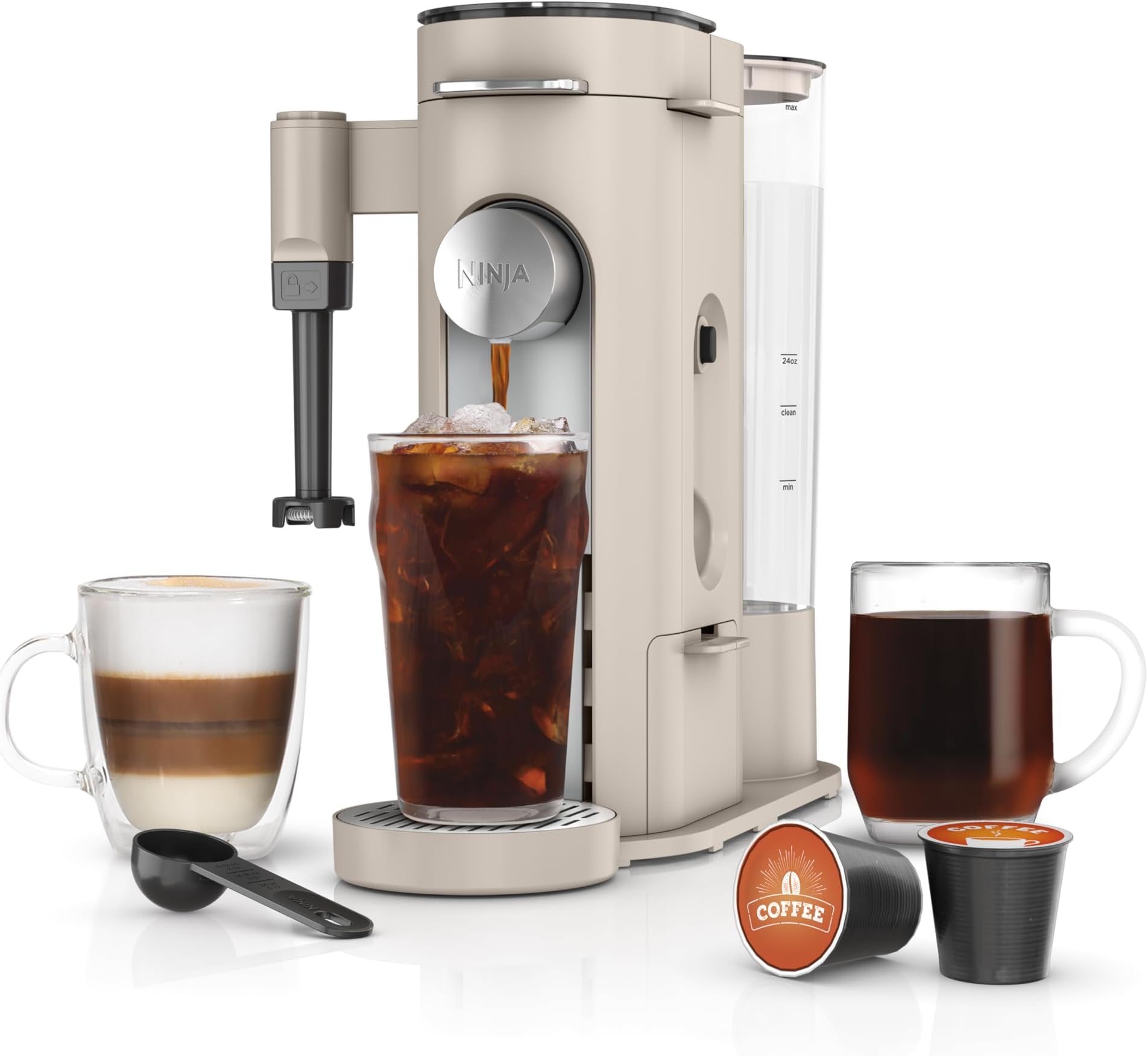 NINJAPod & Grounds Specialty XL Single Serve Coffee Maker, Compatible with K-Cup Pods, Beer Grounds, Compact Design, Integrated Milk Frother, 68 oz Reservoir, 6 oz Cup to