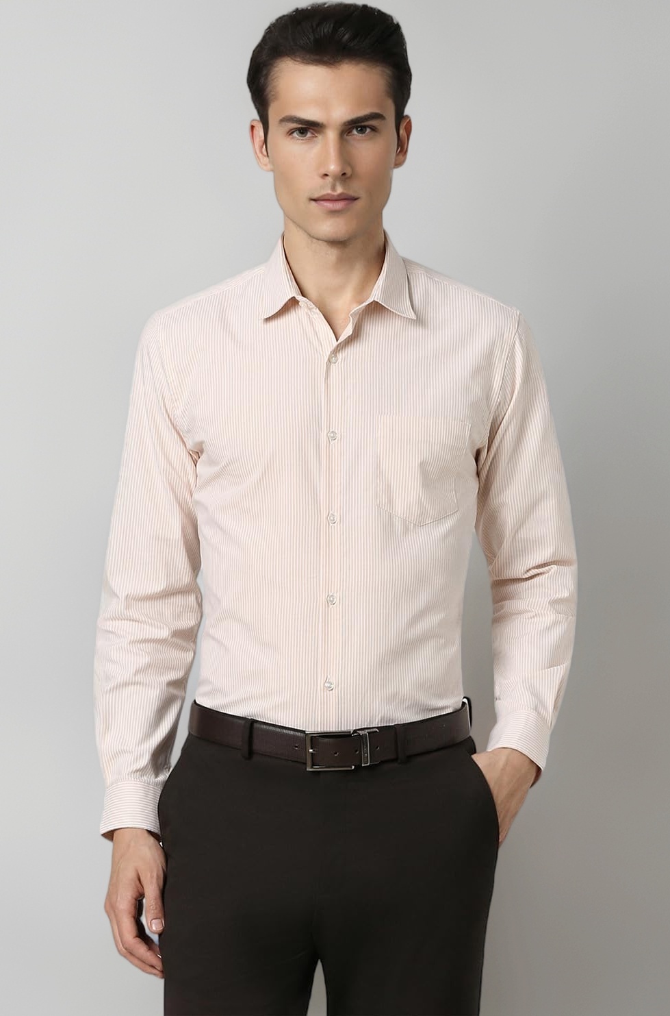 Peter England Men's Slim Fit Full Sleeve Pin-Striped Formal Shirt | Cotton-Rich | Wonder Fabric | Pin Point Oxford