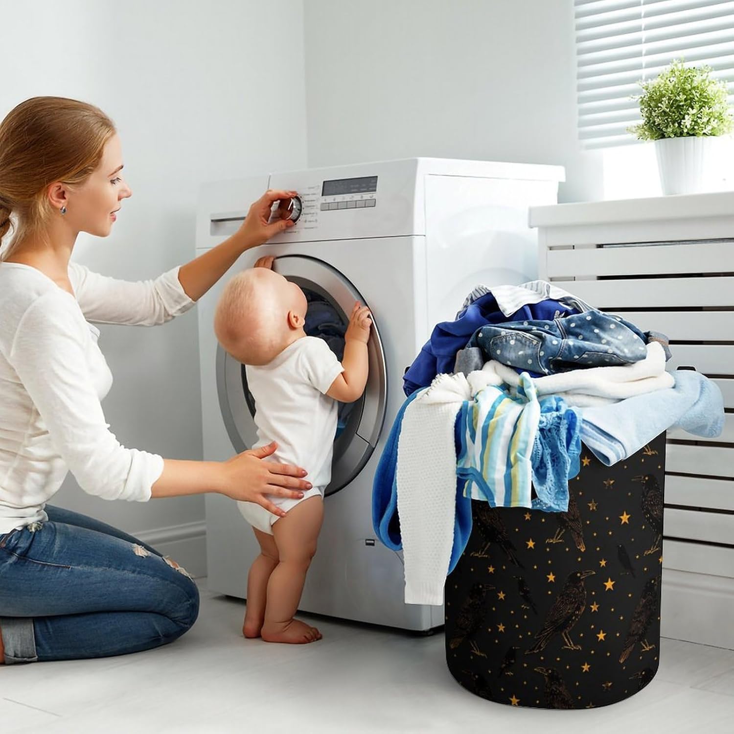 Black Crow Stars Novelty Collapsible Laundry Baskets Waterproof Clothes Hamper Storage Bins with Handles 13.8"x13.8"x17.3" 17.3"x17.3"x17.3"