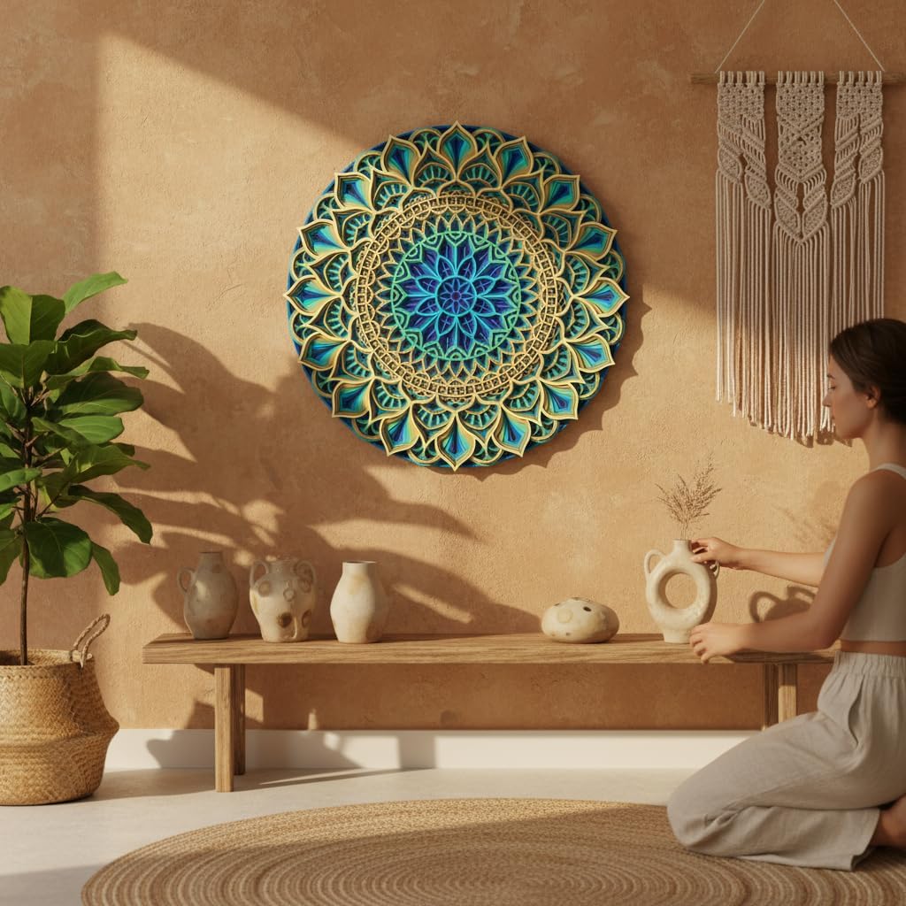 Anatoliawood Multilayer Colorful Mandala Wall Art – Large Yellow Green Blue Sacred Geometry Wooden Home Decor, Laser Cut Mandala Wall Hanging – 70 cm (27.5 Inch)