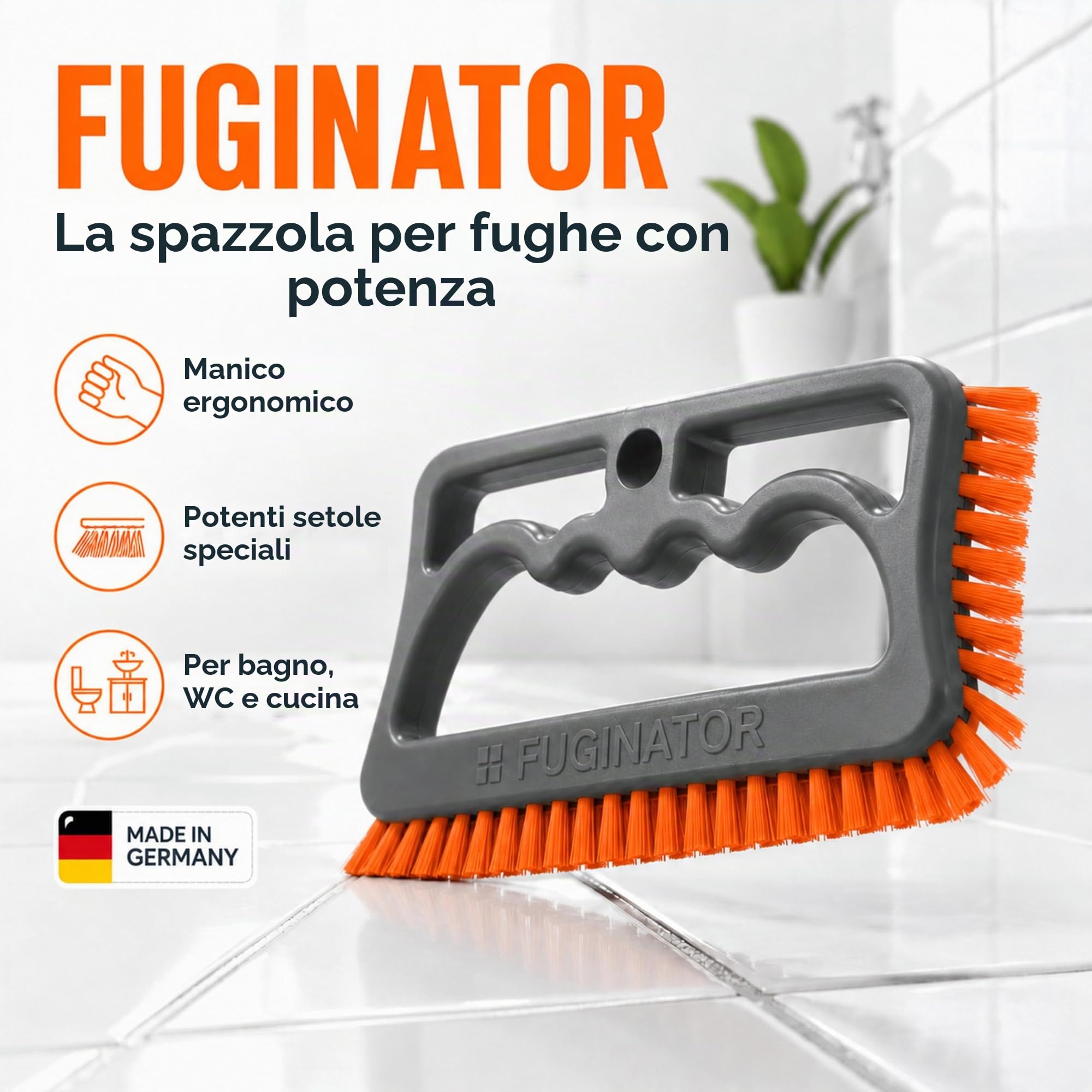 FUGINATOR® Spazzola per fughe – Spazzola per la pulizia delle fughe del bagno, WC, cucina, Pulizia di pareti e pavimenti – Pratica spazzola per fughe e piastrelle (Grigio/Arancione)