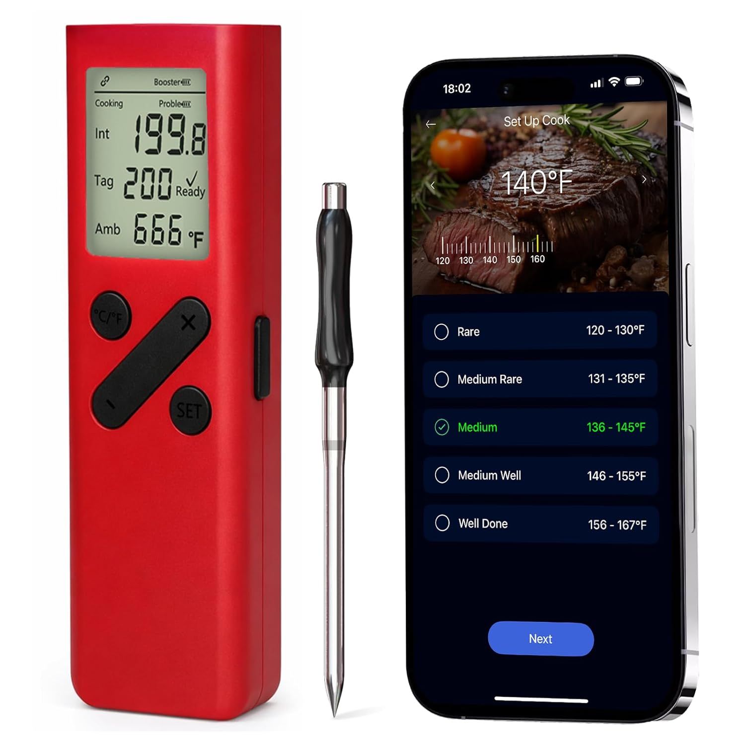 Wireless Meat Thermometer with Display Base, Smart Bluetooth Thermometer with WiFi App, NIST ±0.5°F Accuracy, Ultra-Thin Probe, 10X Sub-1G Long-Range Signal for BBQ, Grill, Oven & Smoker