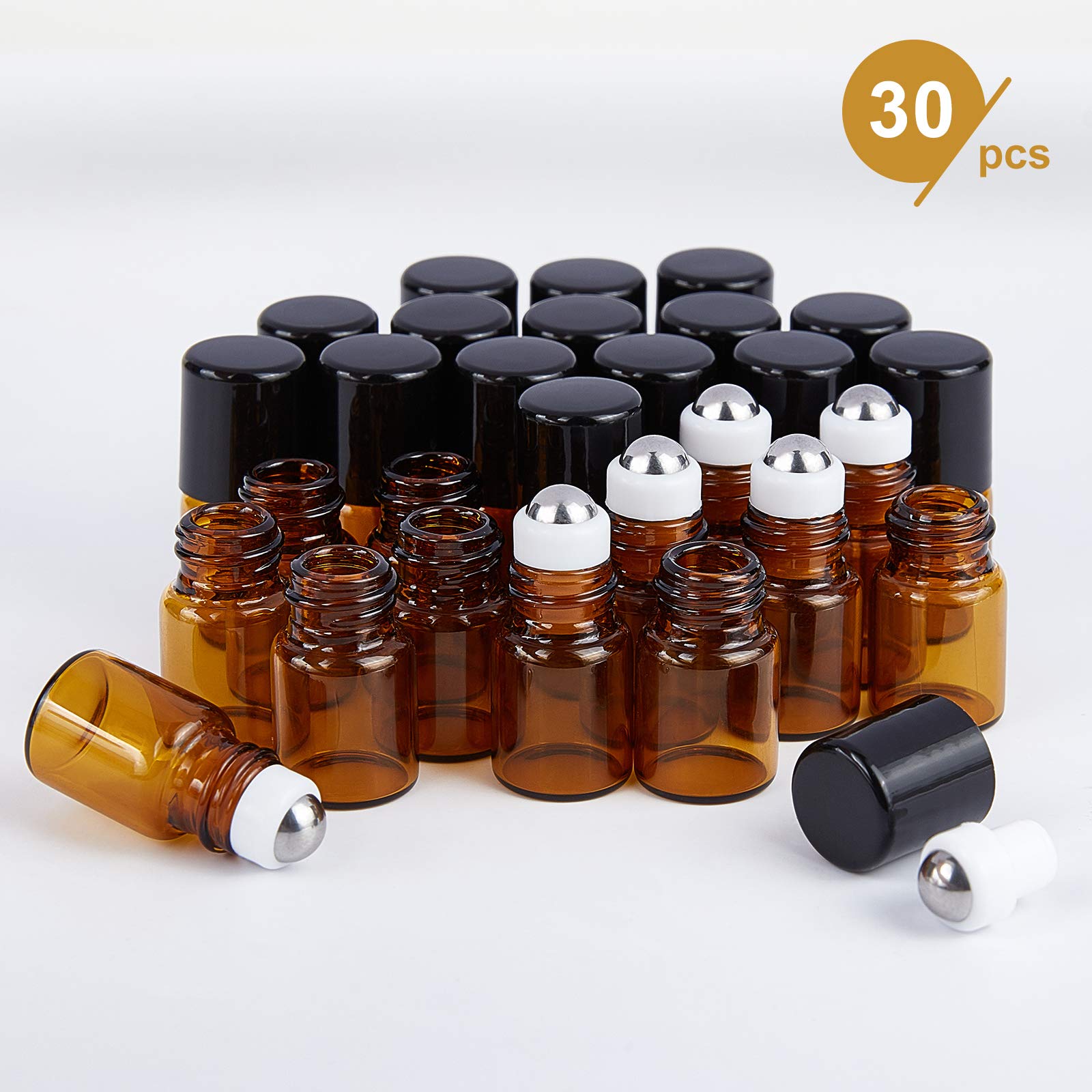 BENECREAT 30 Pack 2ml Flacone con Rullo in Vetro Ambrato con Tappo Nero con 4PCS tramogge, 1PCS Apriscatole, 10PCS 3ml Contagocce 1 Foglio Adesivo per Profumo per Aromaterapia