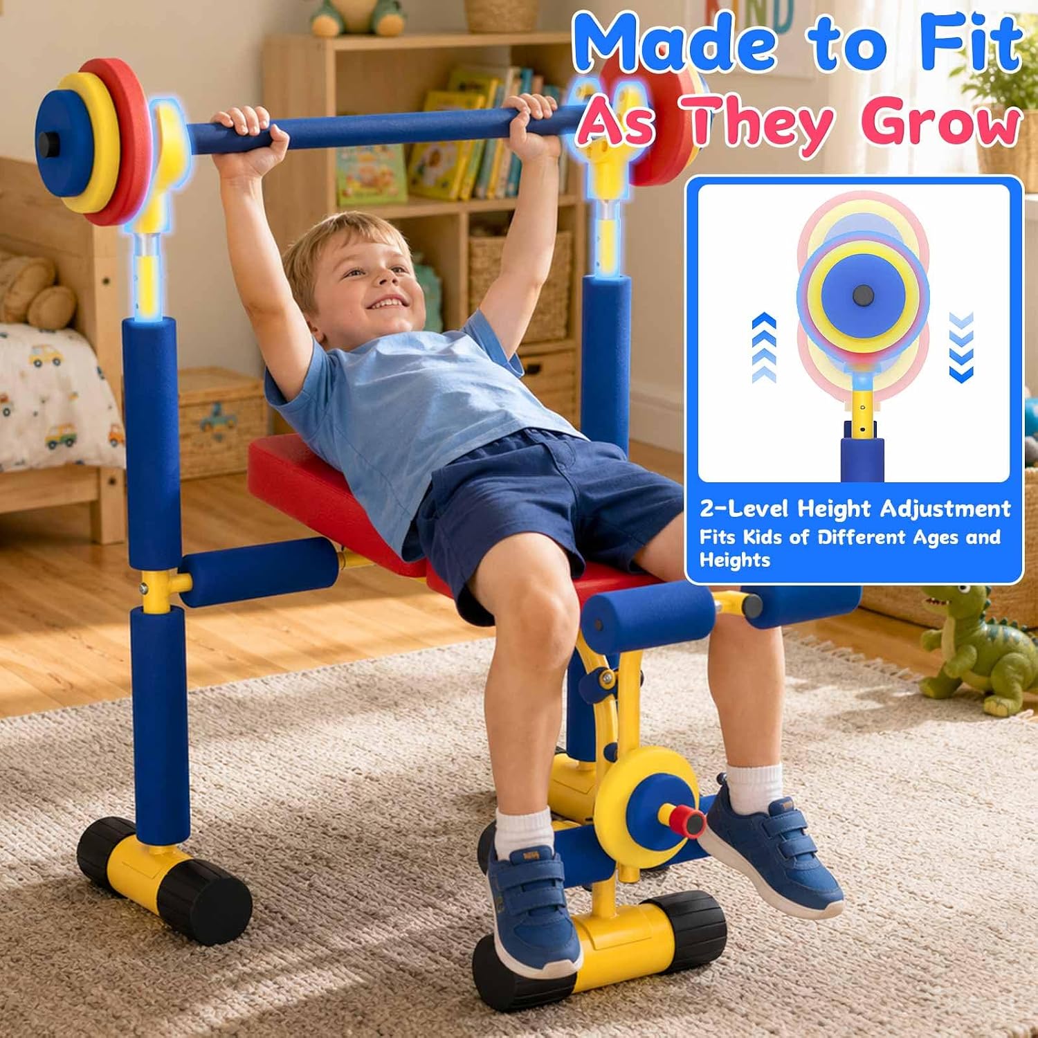 ZCMHAXJ Kids Weight Bench Set, Kids Workout Equipment with Adjustable Barbell Rack, Toy Barbell & Foam Weights, Indoor Exercise Play Gym for Boys and Girls Ages 3+, Fun Fitness Equipment