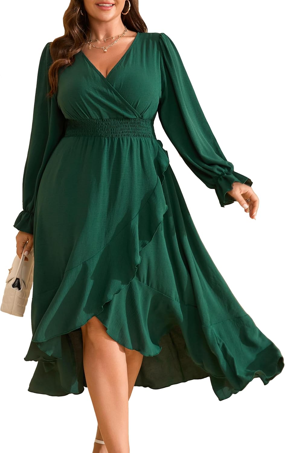RWJ Women's Plus Size Wedding Guest Maxi Dress Wrap V Neck Long Sleeve High Low Ruffle Cocktail Fall Dresses