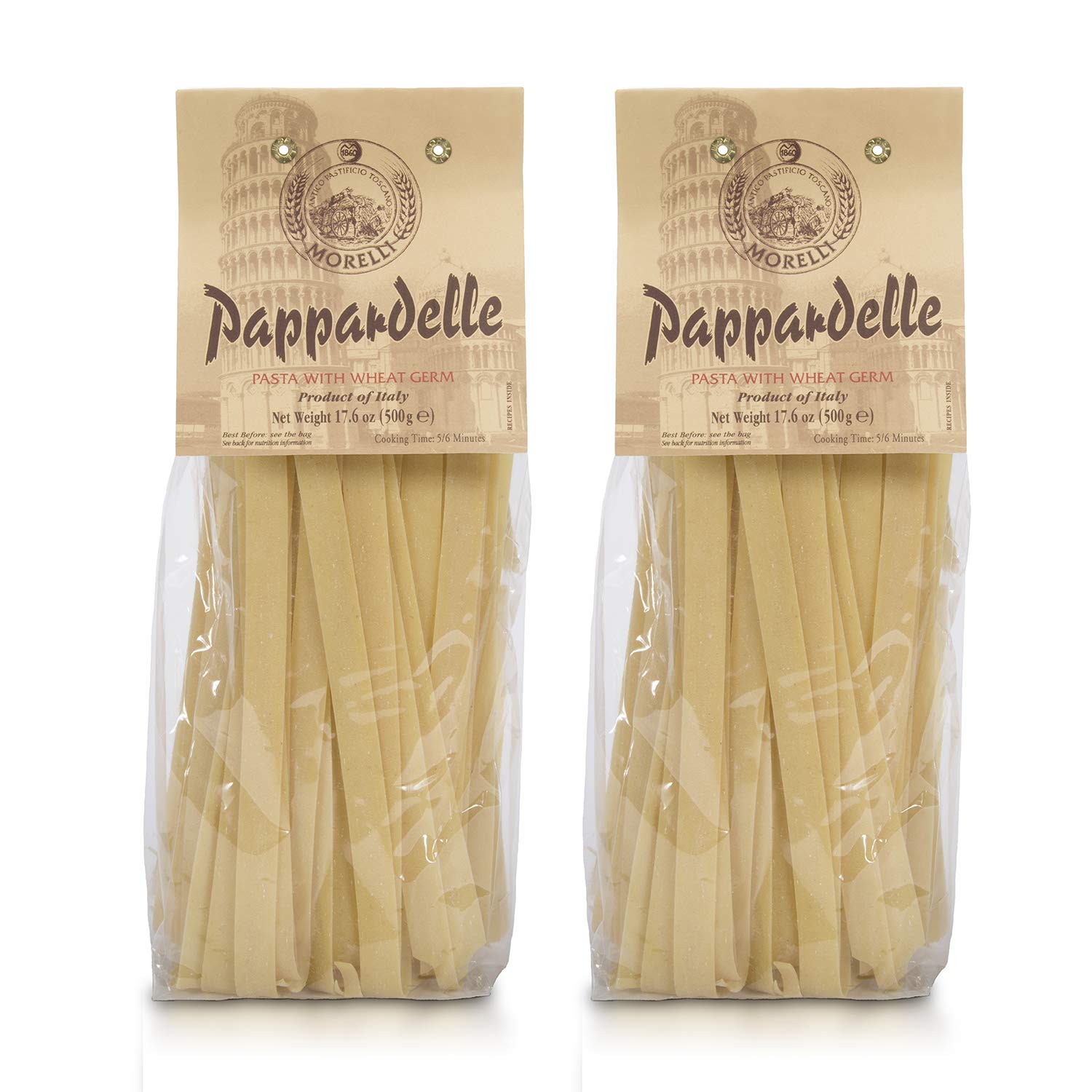 Morelli Pappardelle Pasta Noodles – Organic Pasta With Wheat Germ – Imported Pasta from Italy, Pappardelle Noodles Pasta, Wide Noodles, 17.6oz (500g) – Pack of 2