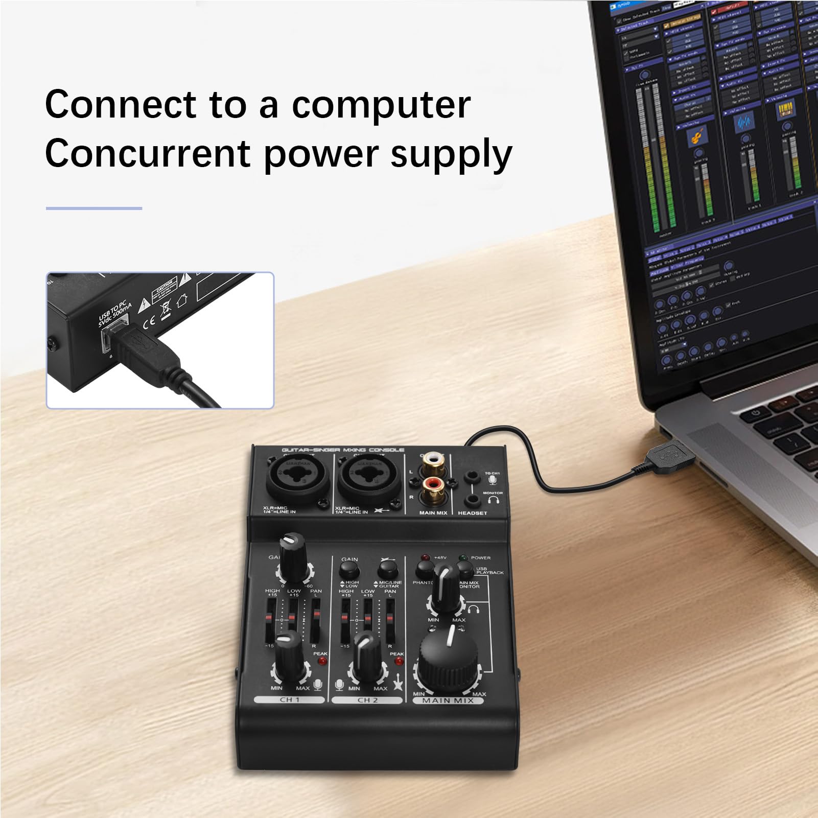 Mezclador de Sonido USB 2 Canales con Alimentación Fantasma 48V, Entradas XLR/TRS y Medidores LED for Mezcla DJ, Grabación en Casa y Streaming