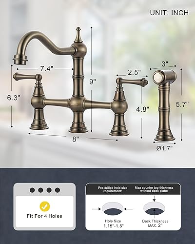 Miniatura 4 de WOWOW Grifo de cocina negro con rociador lateral, grifos de cocina de latón de 4 agujeros para fregadero, 2 manijas de 8 pulgadas, grifo de puente