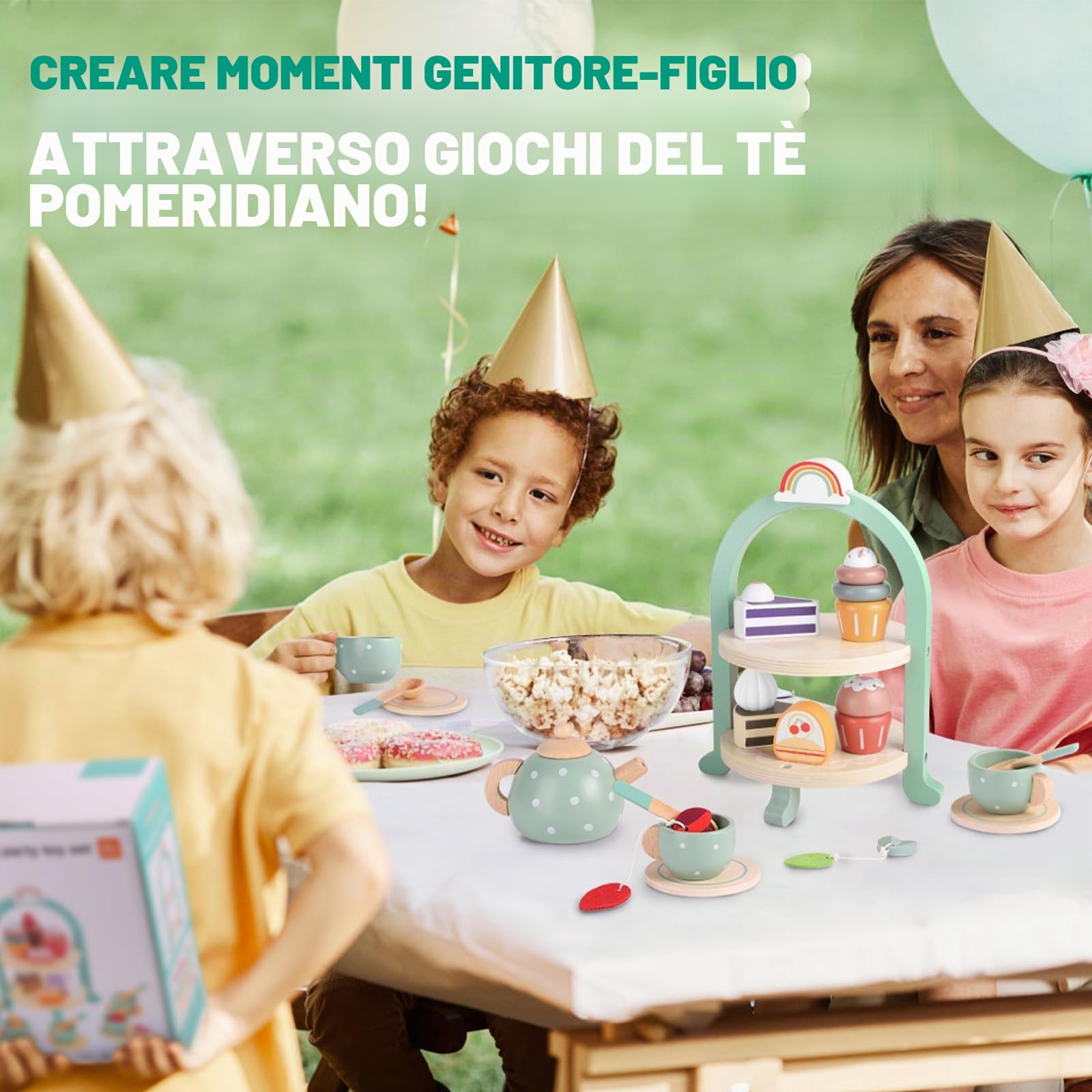 GAGAKU, Set da tè in legno per bambini e bambine, con accessori e cibo finto
