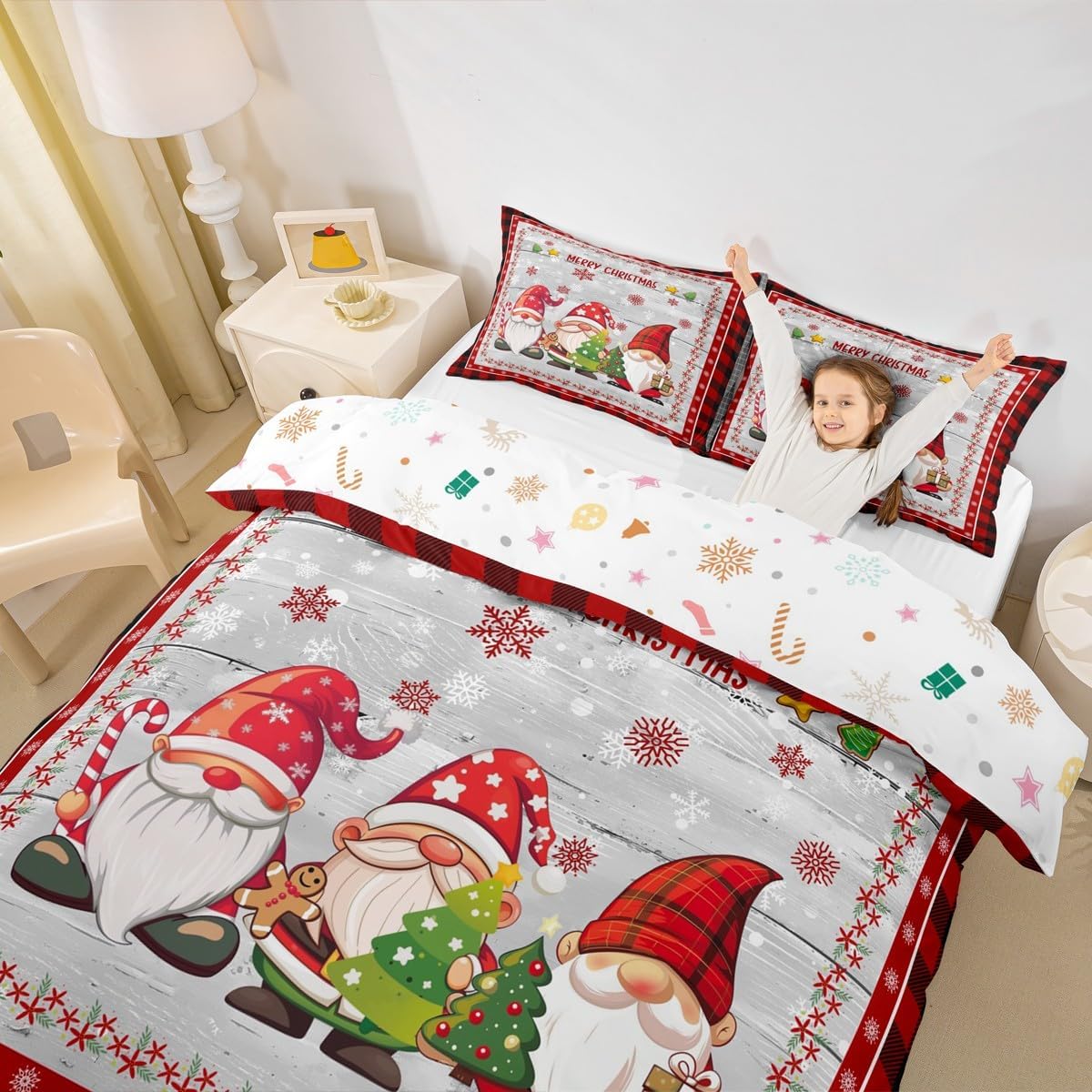 Merry Christmas Kids Duvet Cover Set Full Size,Cute Gnomes Snowflake Romantic Bedding Set,Girls Boys Adults Room/Cabin Decor,Geometric Grids Retro Comforter Cover,Rustic Quilt Cover,2 Pillowcases
