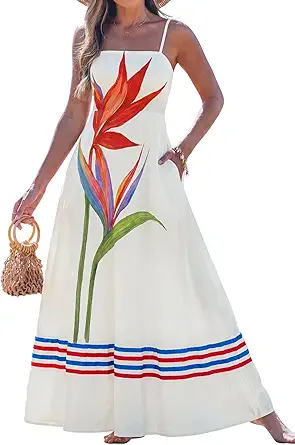 Women Summer Maxi Dress 2026 Spaghetti Strap Long Beach Dress Boho A-Line Flowy Casual Sleeveless Sun Dress