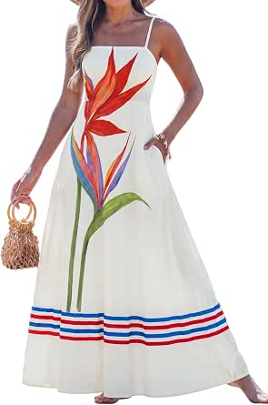 Women Summer Maxi Dress 2026 Spaghetti Strap Long Beach Dress Boho A-Line Flowy Casual Sleeveless Sun Dress