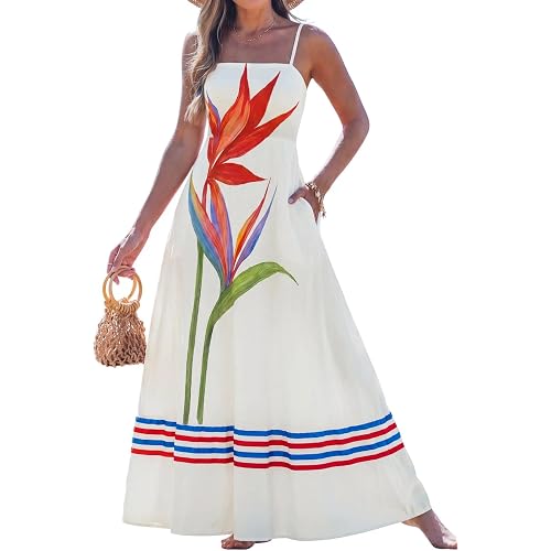 popvil Women Summer Maxi Dress 2026 Spaghetti Strap Long Beach Dress Boho A-Line Flowy Casual Sleeveless Sun Dress