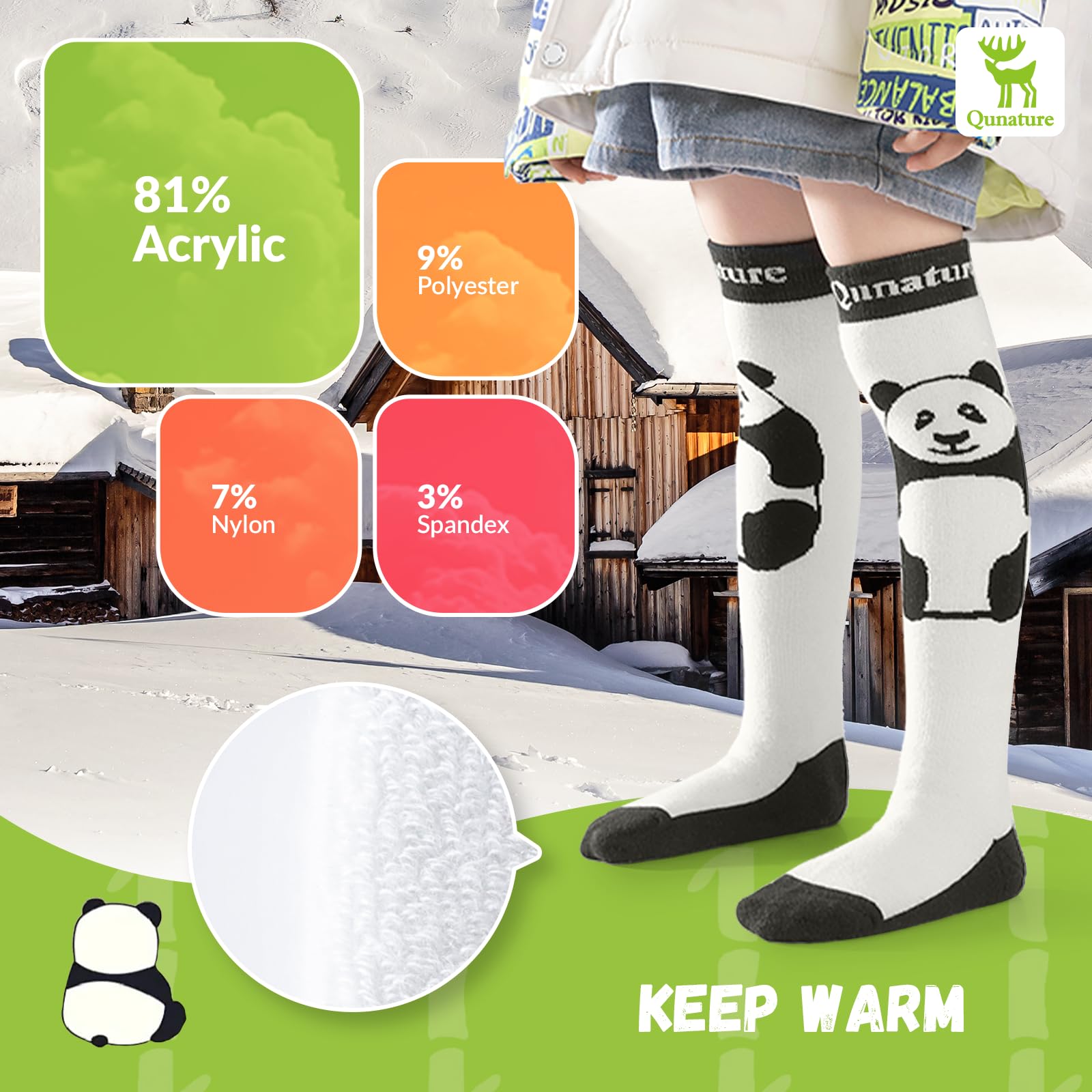 Chaussettes Ski Enfant Fille Garçon Épais Panda Motif Haut Chaussettes Mollet Intérieur Hiver Laine Thermique Chaud Anti-Choc Ergonomique Snowboard Patinage Cyclisme