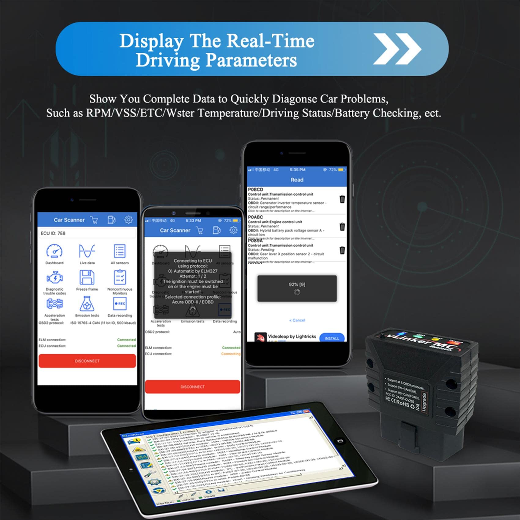 vLinker MC Mini Bluetooth OBD II Adaptador de escáner Herramienta de escaneo de diagnóstico del automóvil y Lector de código para Android (No iOS)